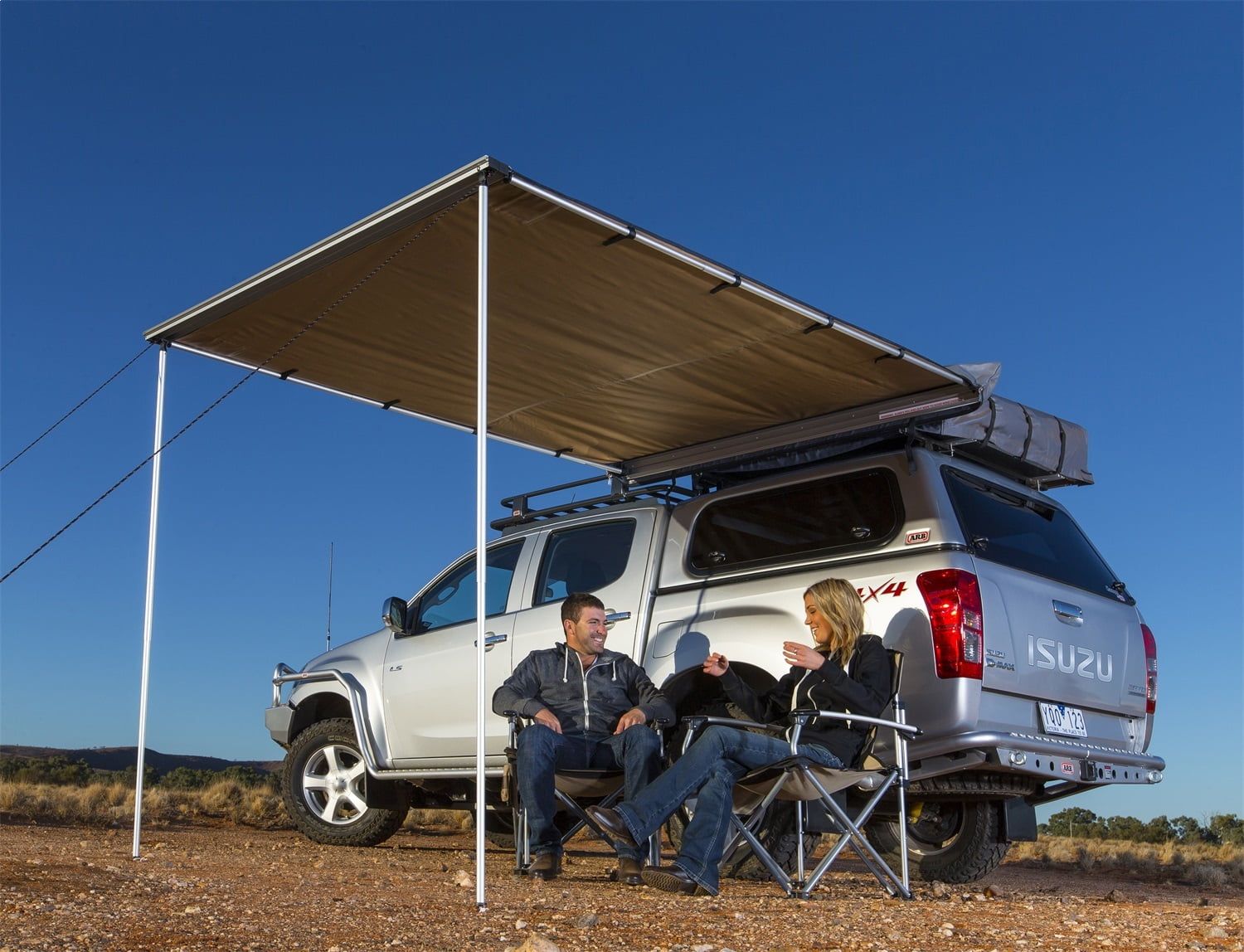 Tan Manual Retractable SUV Awning with Telescopic Legs