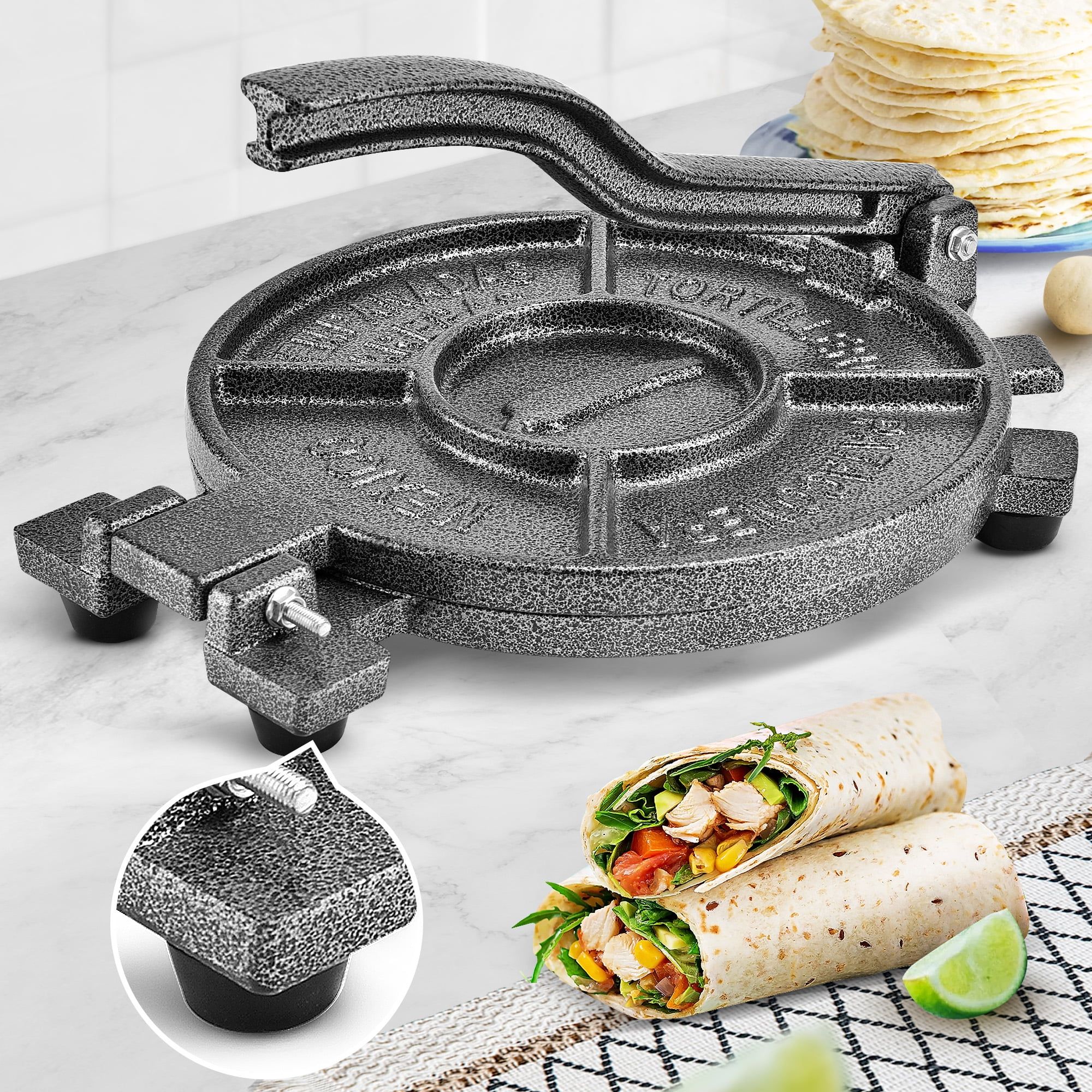 Black Cast Iron 10.4" Non-Stick Tortilla Press with Parchment Paper