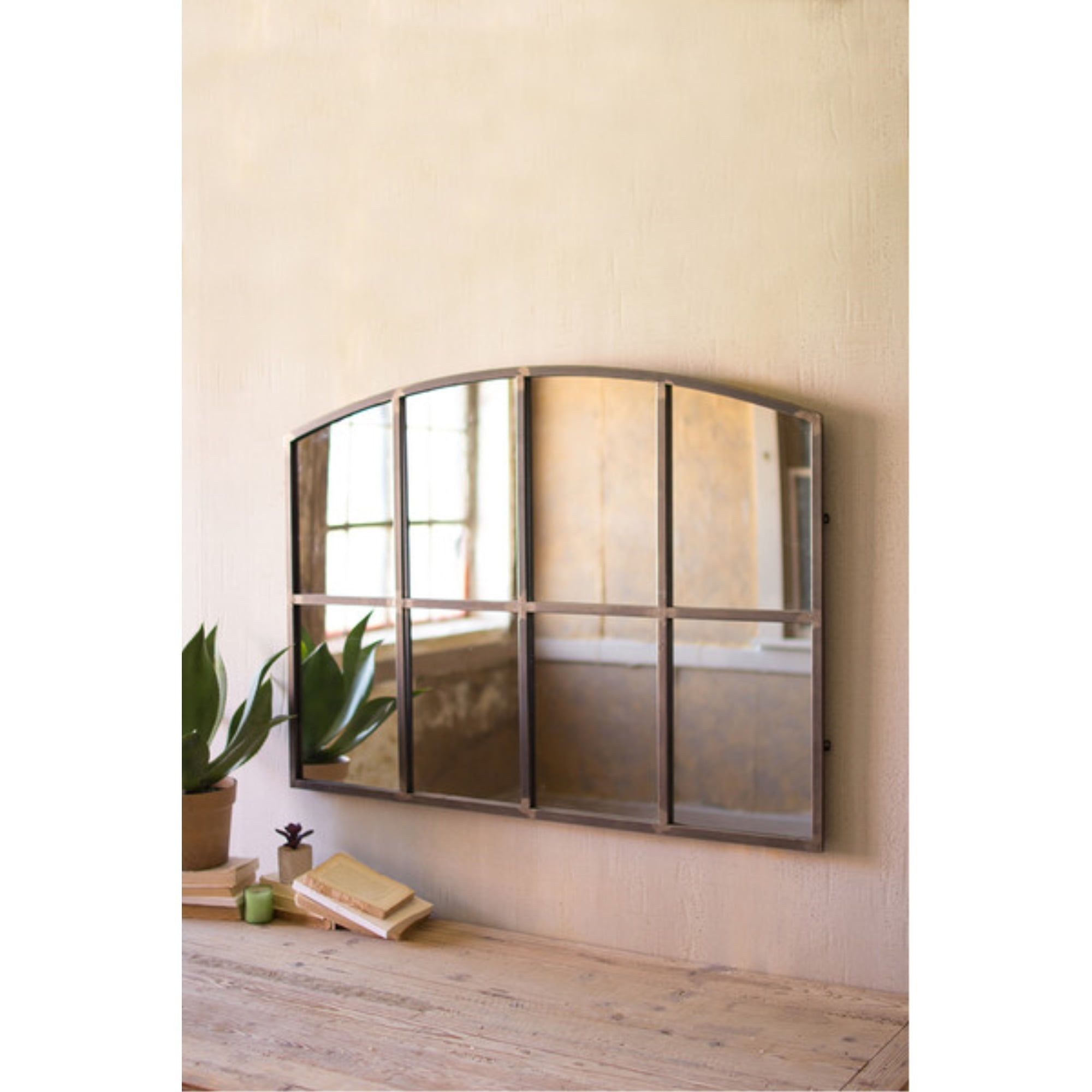 Arched Black Iron Wall Mirror with Windowpane Design