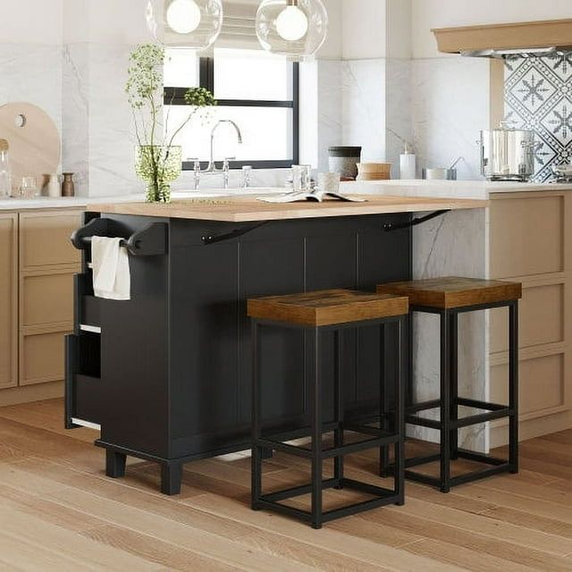 Black Rubberwood Kitchen Island Set with Drop Leaf and Iron Stools