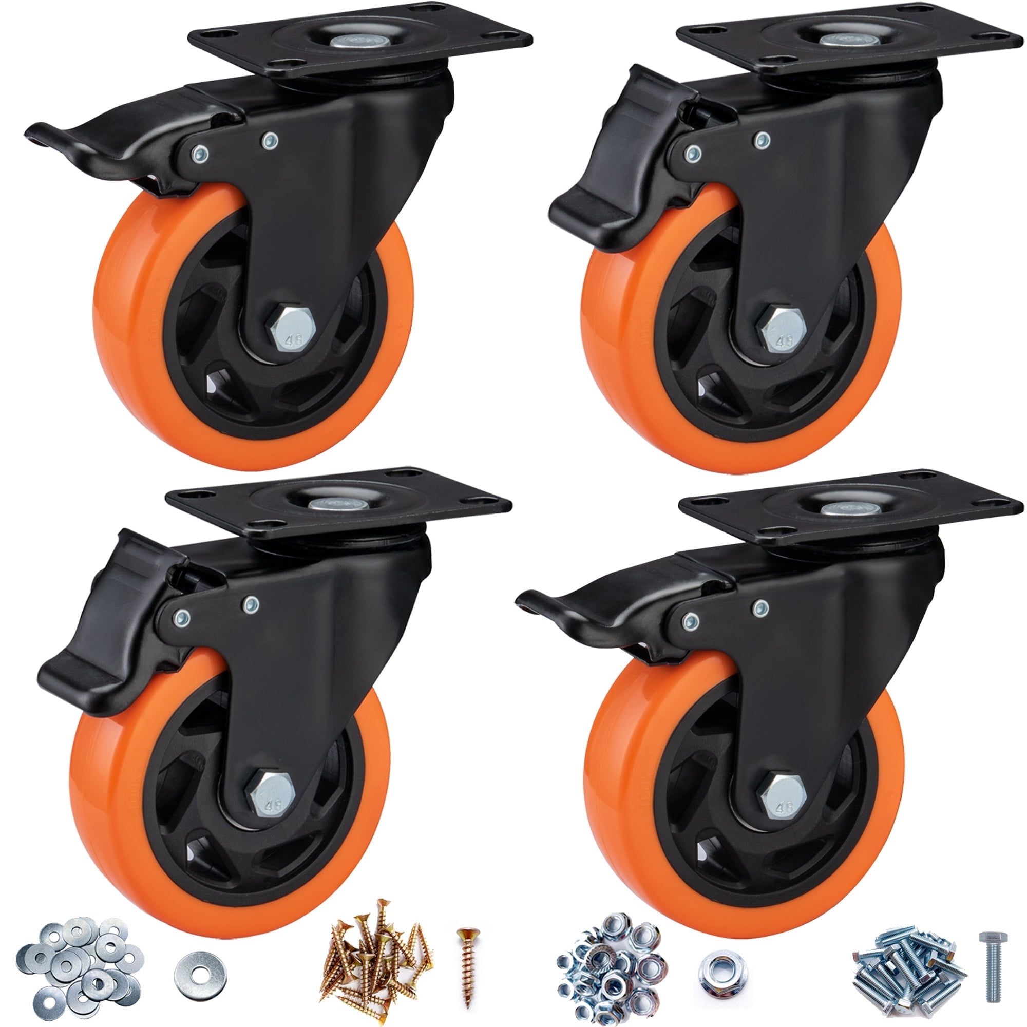 4-Inch Heavy Duty Orange Polyurethane Swivel Caster Wheels with Brake, Set of 4