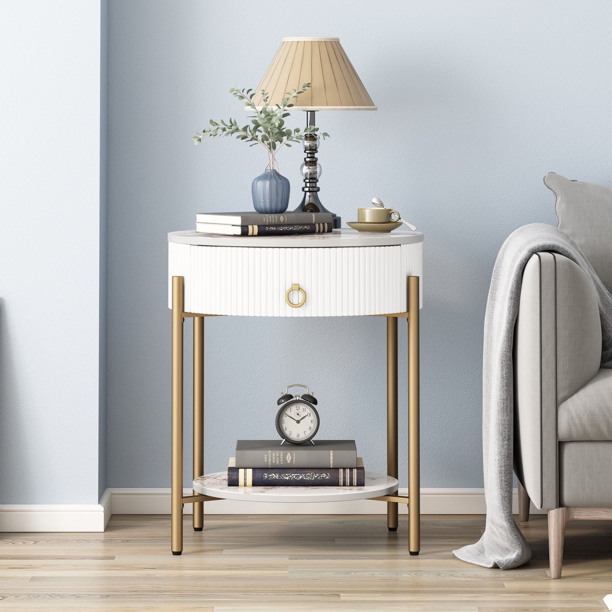 Gold Round End Table with Drawer and Natural Stone Top