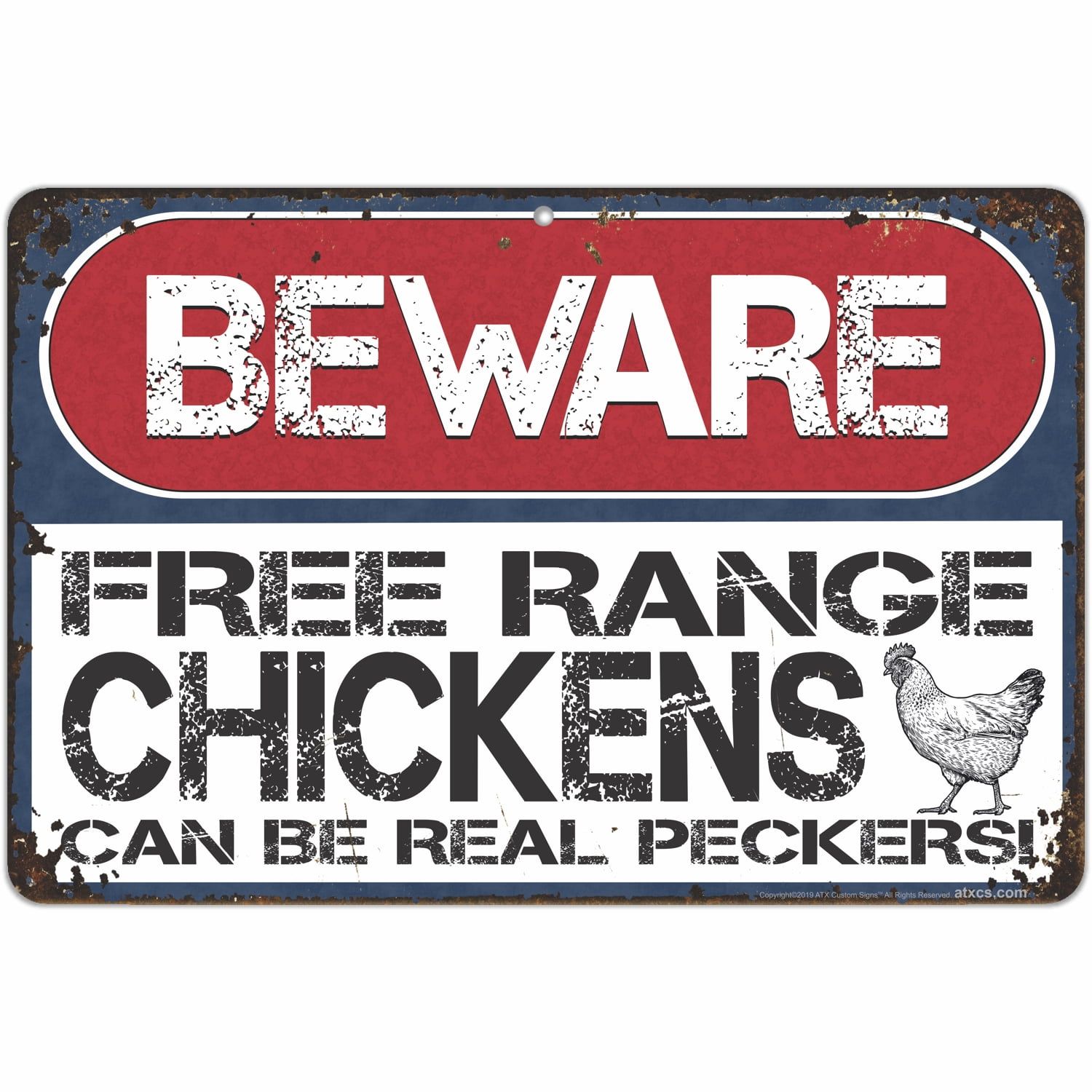 Beware of Chickens Funny Metal Farm Sign 8x12