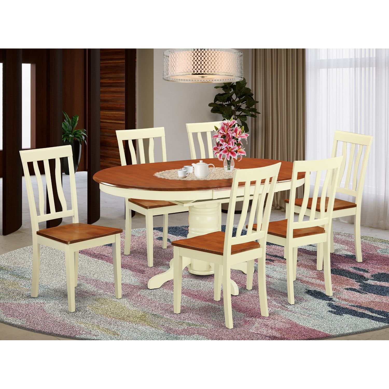 Cherry and Cream Oval Wood Dining Set with 6 High Back Chairs