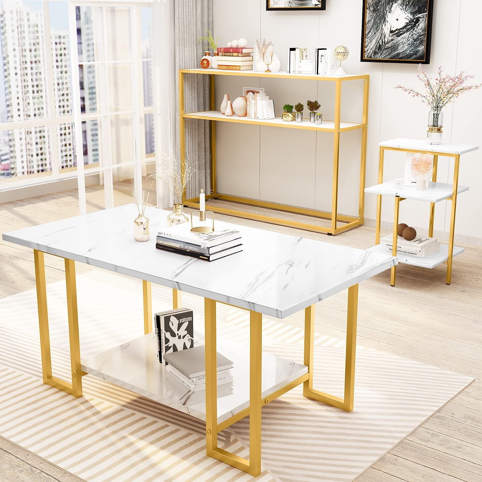 White and Gold Faux Marble Coffee Table Set with Metal Frame