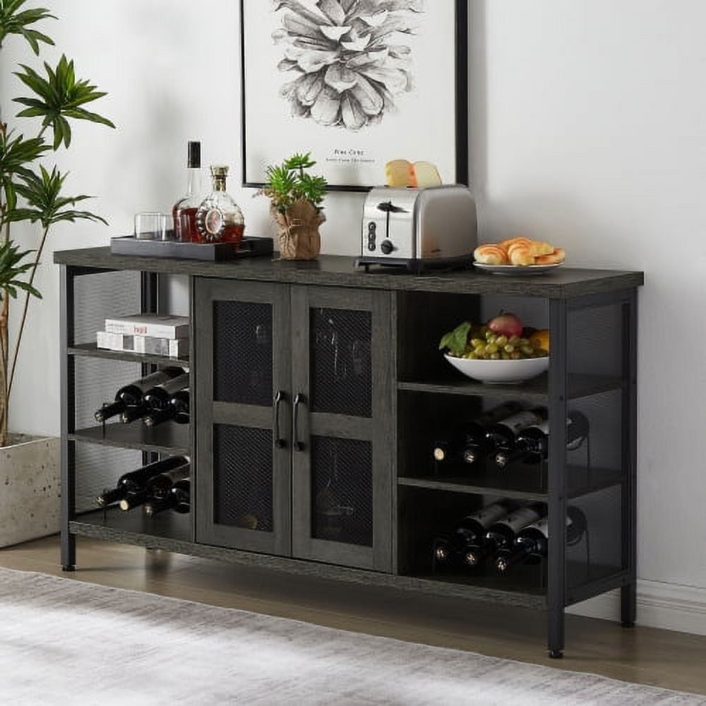 Dark Gray Industrial Wine Bar Cabinet with Storage and Wine Racks