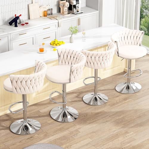 Set of 2 Adjustable Grey Velvet Swivel Bar Stools with Chrome Base