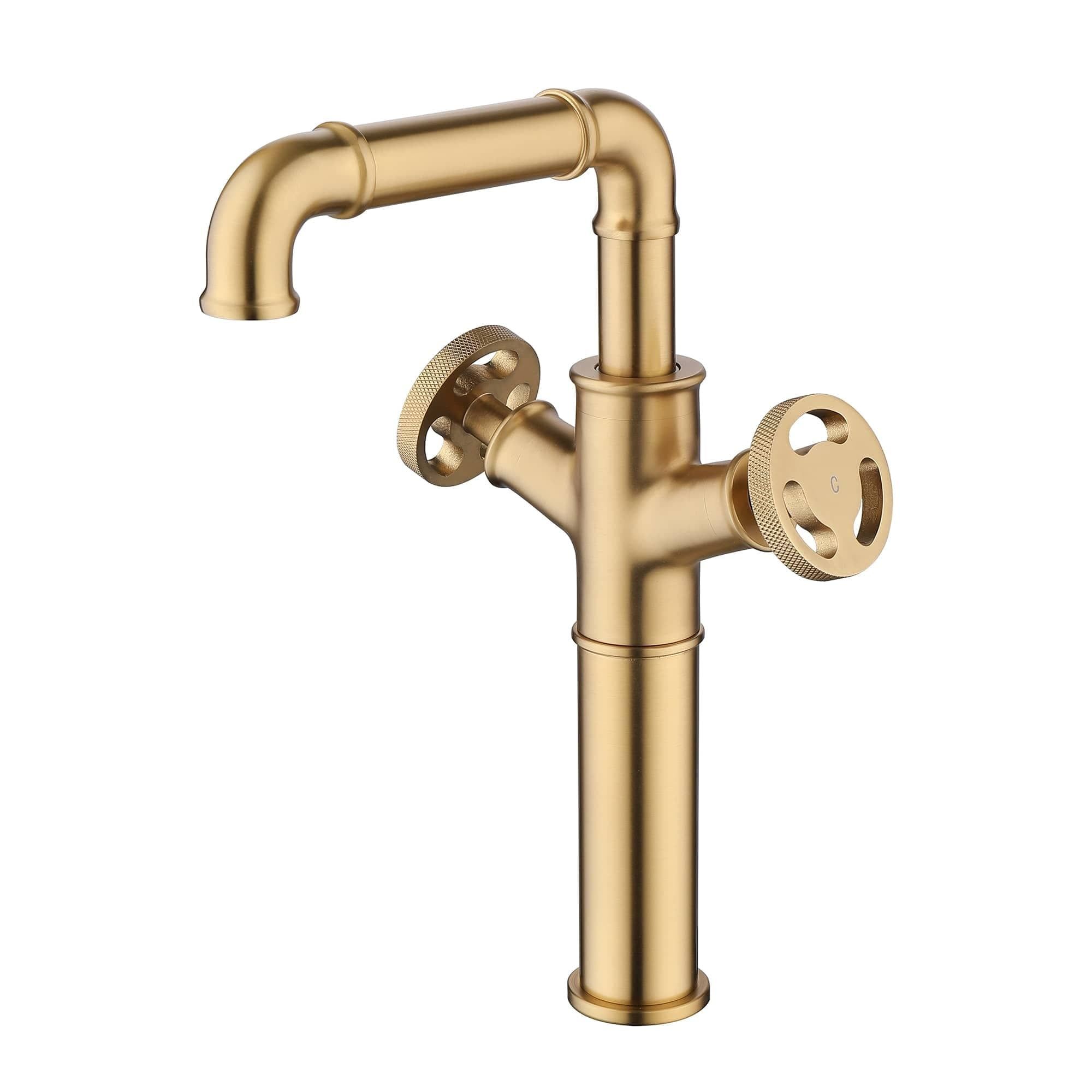 Brushed Gold Modern Tall Bathroom Vessel Faucet with Twin Knobs