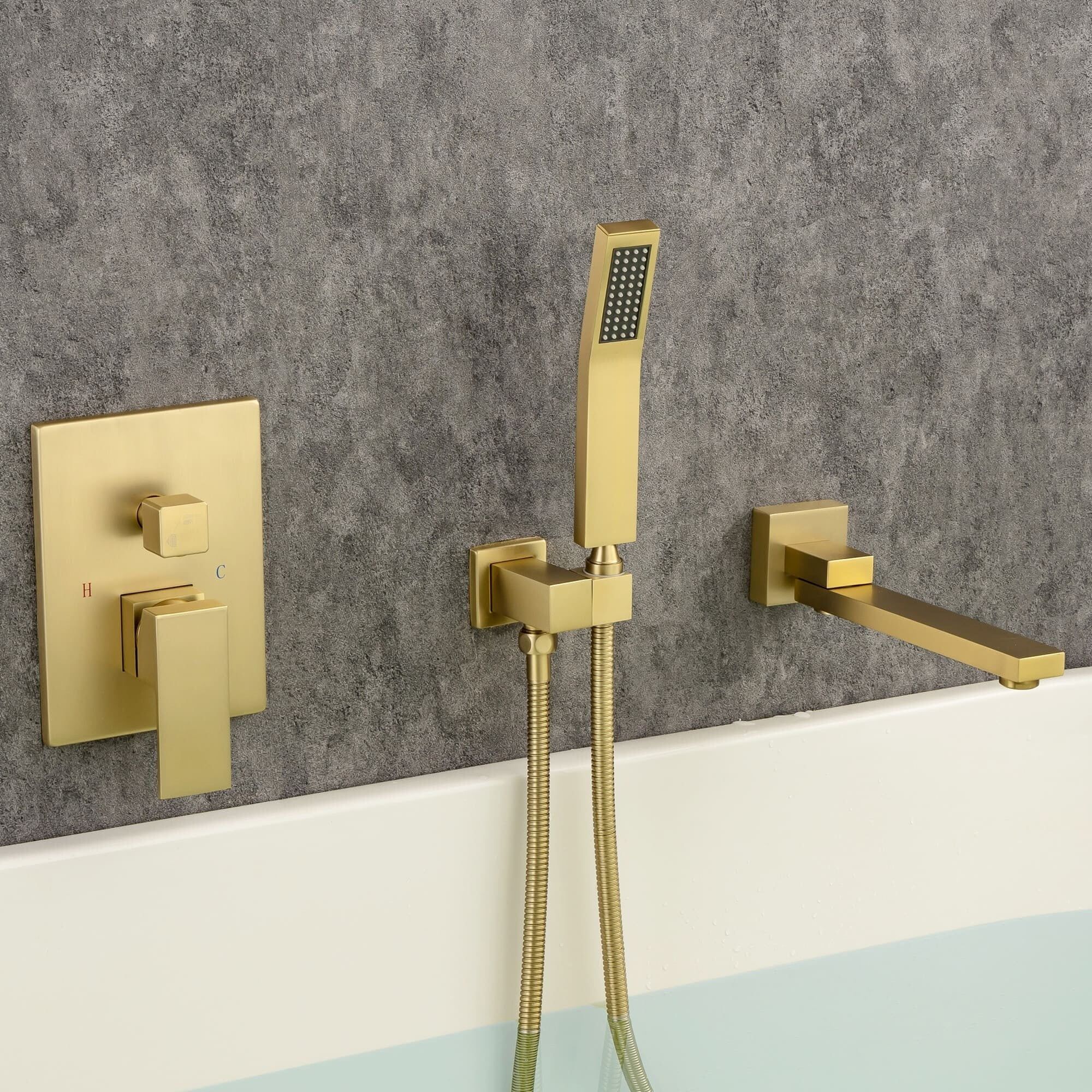 Gold Stainless Steel Wall Mounted Bathtub Faucet with Hand Shower