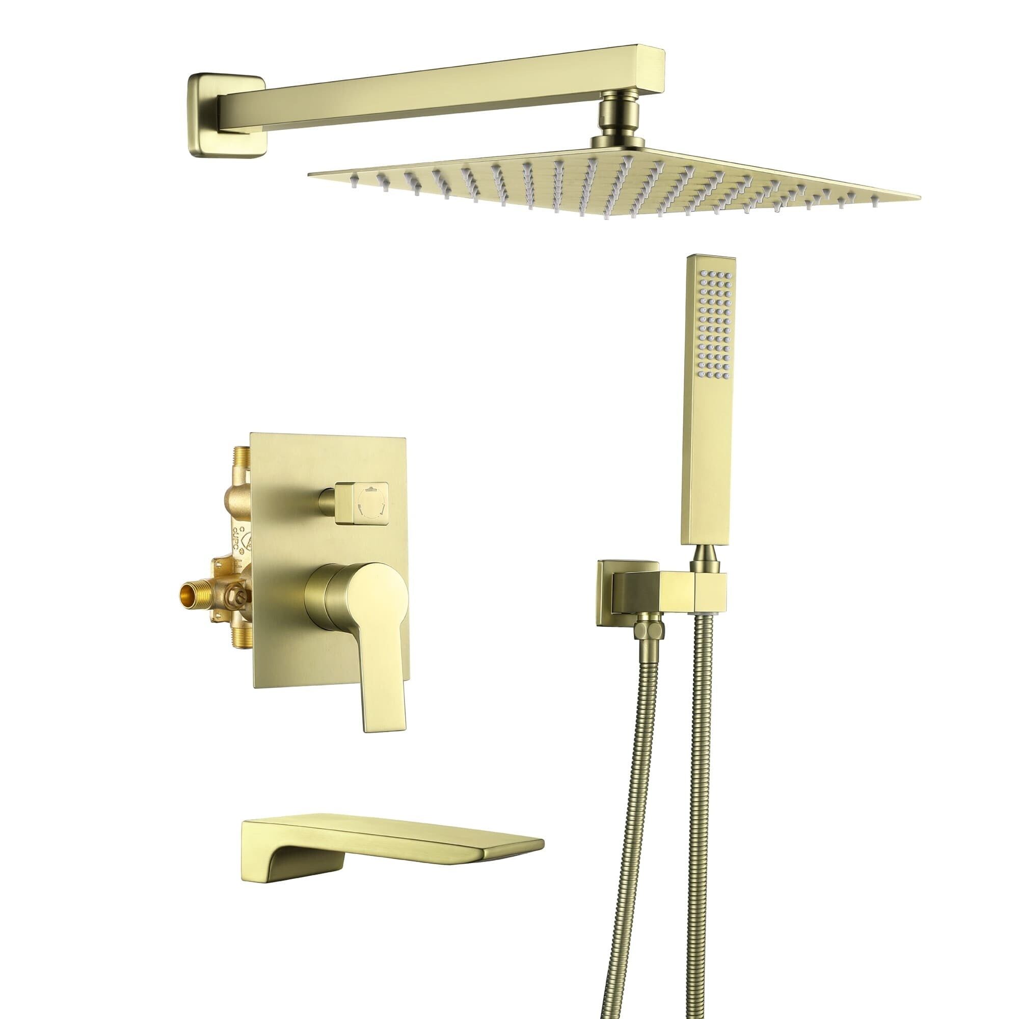 Brushed Gold Square Rain Shower System with Handheld