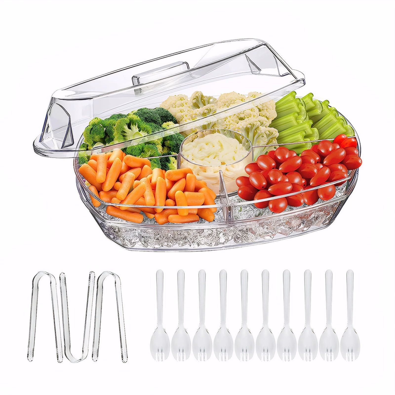 15 Inch Clear Chilled Veggie Tray with Lid and Compartments