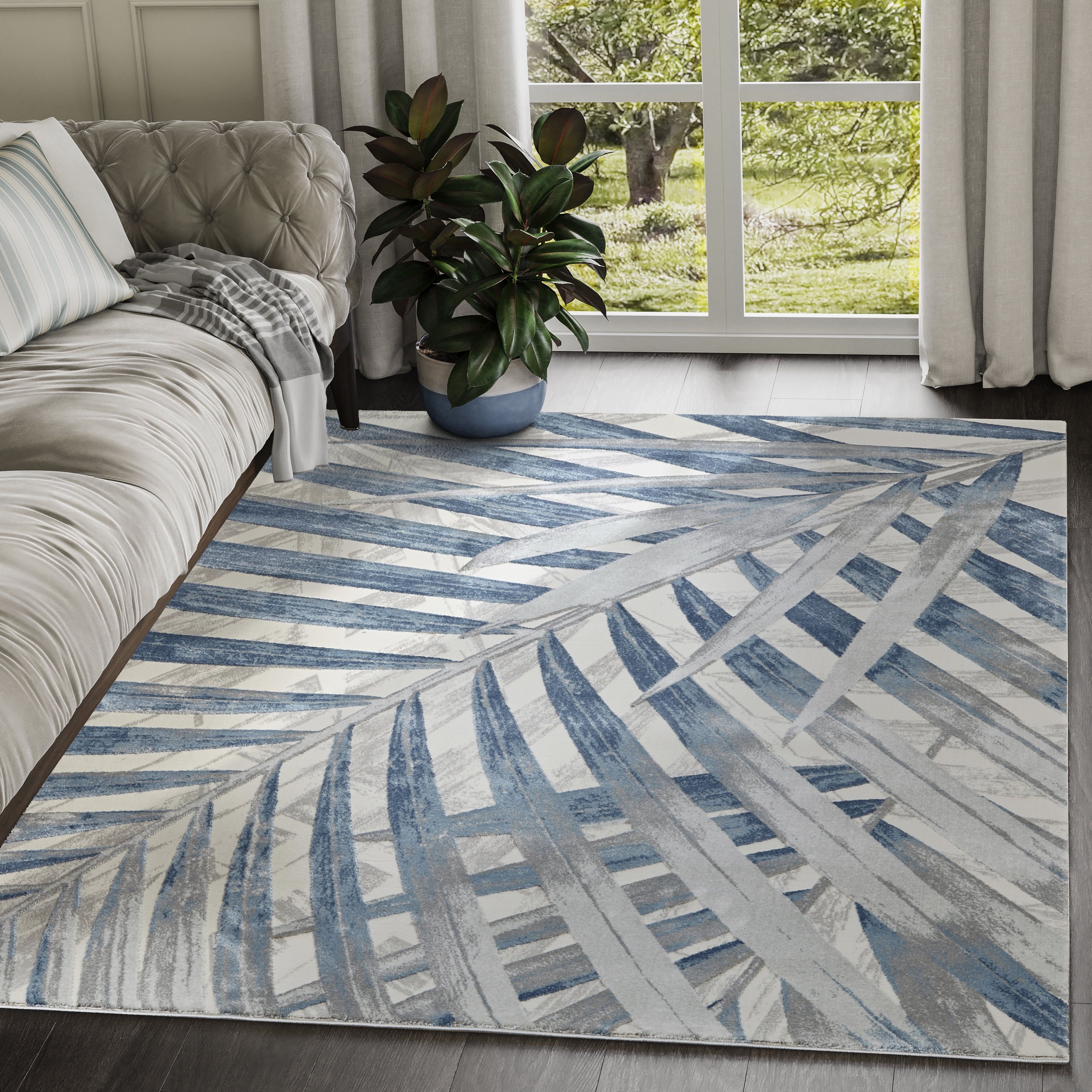 Abani Blue and Gray Floral Palm Leaf Area Rug 5'3" x 7'6"