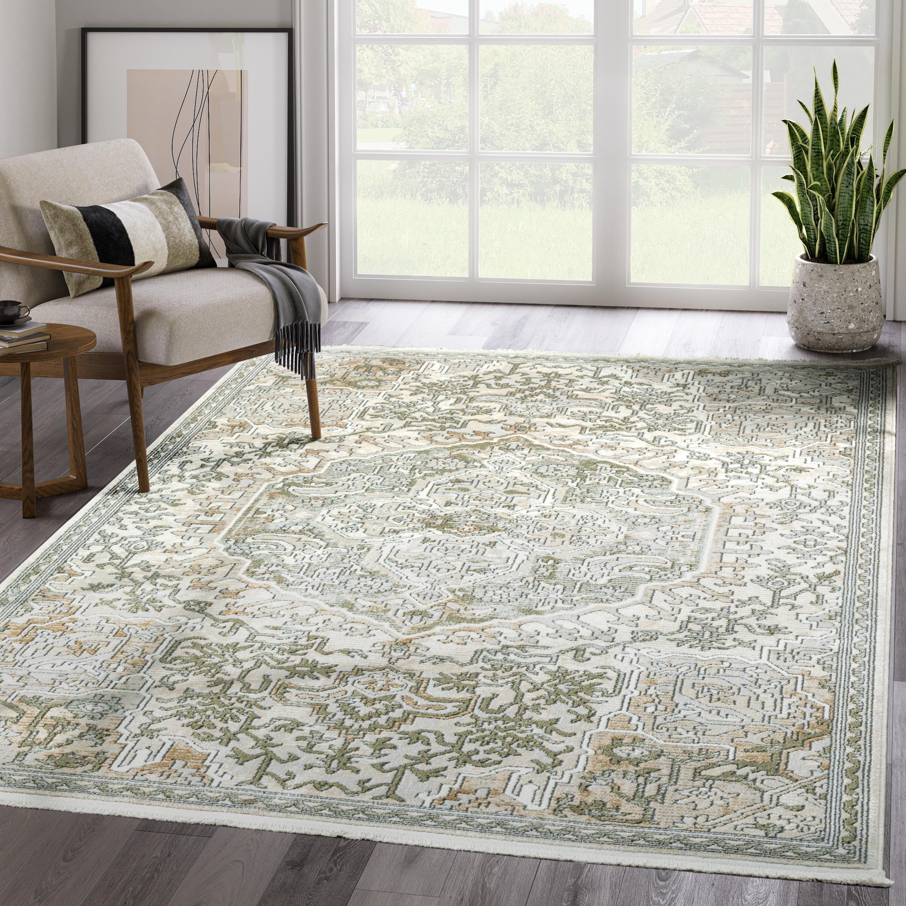 Beige and Green Vintage Rectangular 8' x 10' Synthetic Area Rug