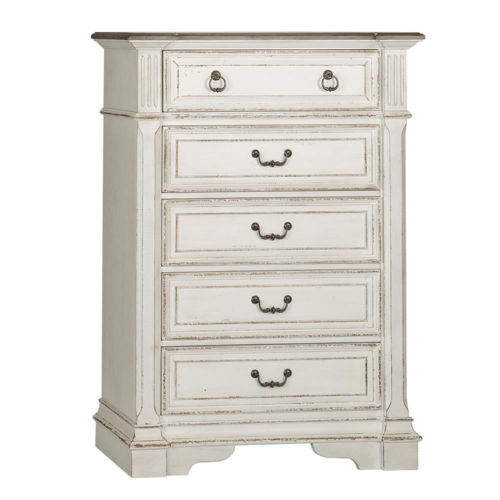 White Antique 5-Drawer Chest with Felt Lined Top Drawer