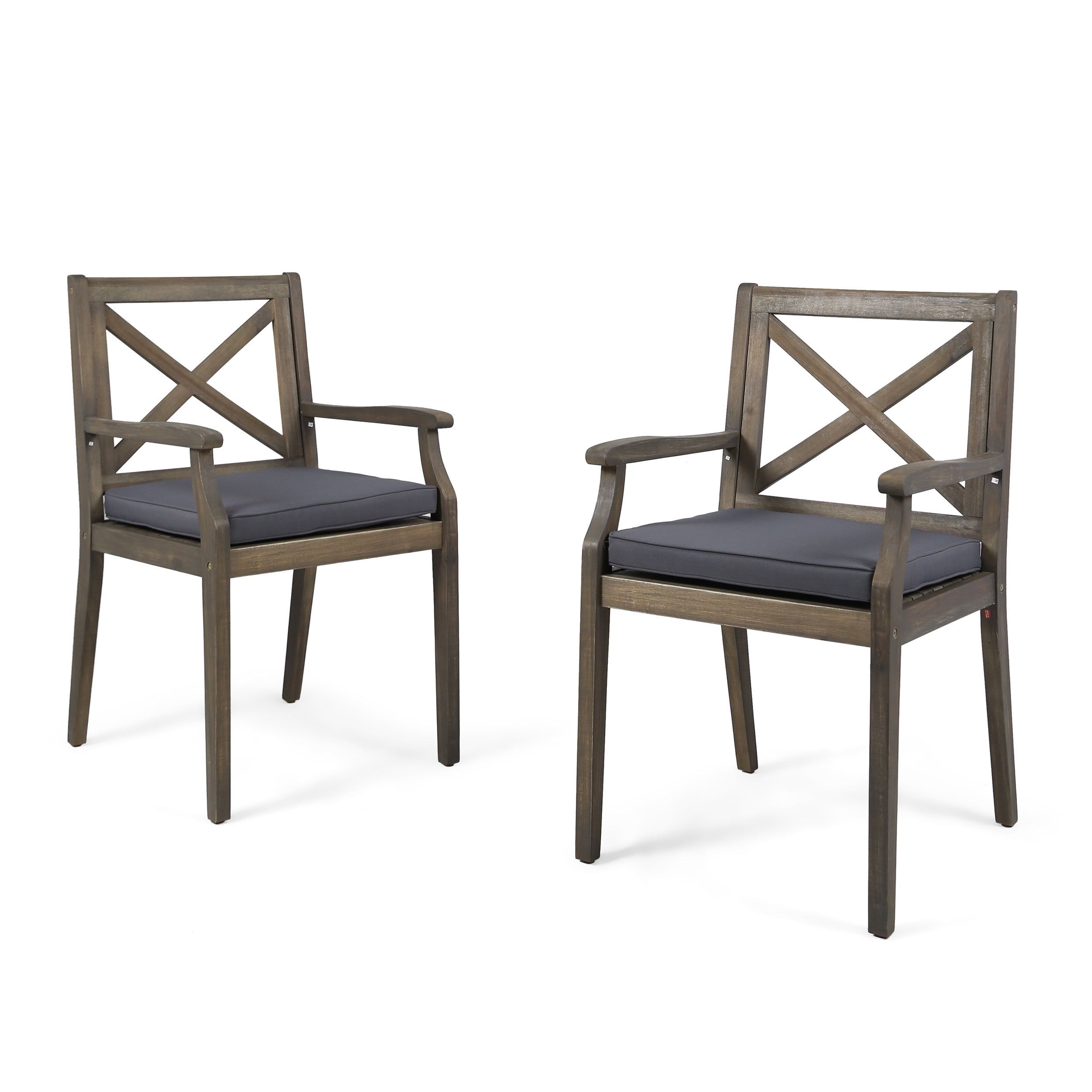 Gray Acacia Wood Outdoor Dining Chairs with Cushions, Set of 2