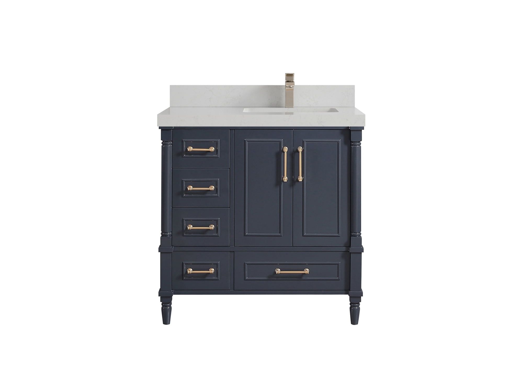 Hudson 36" Navy Blue Solid Wood Freestanding Vanity with White Quartz Top