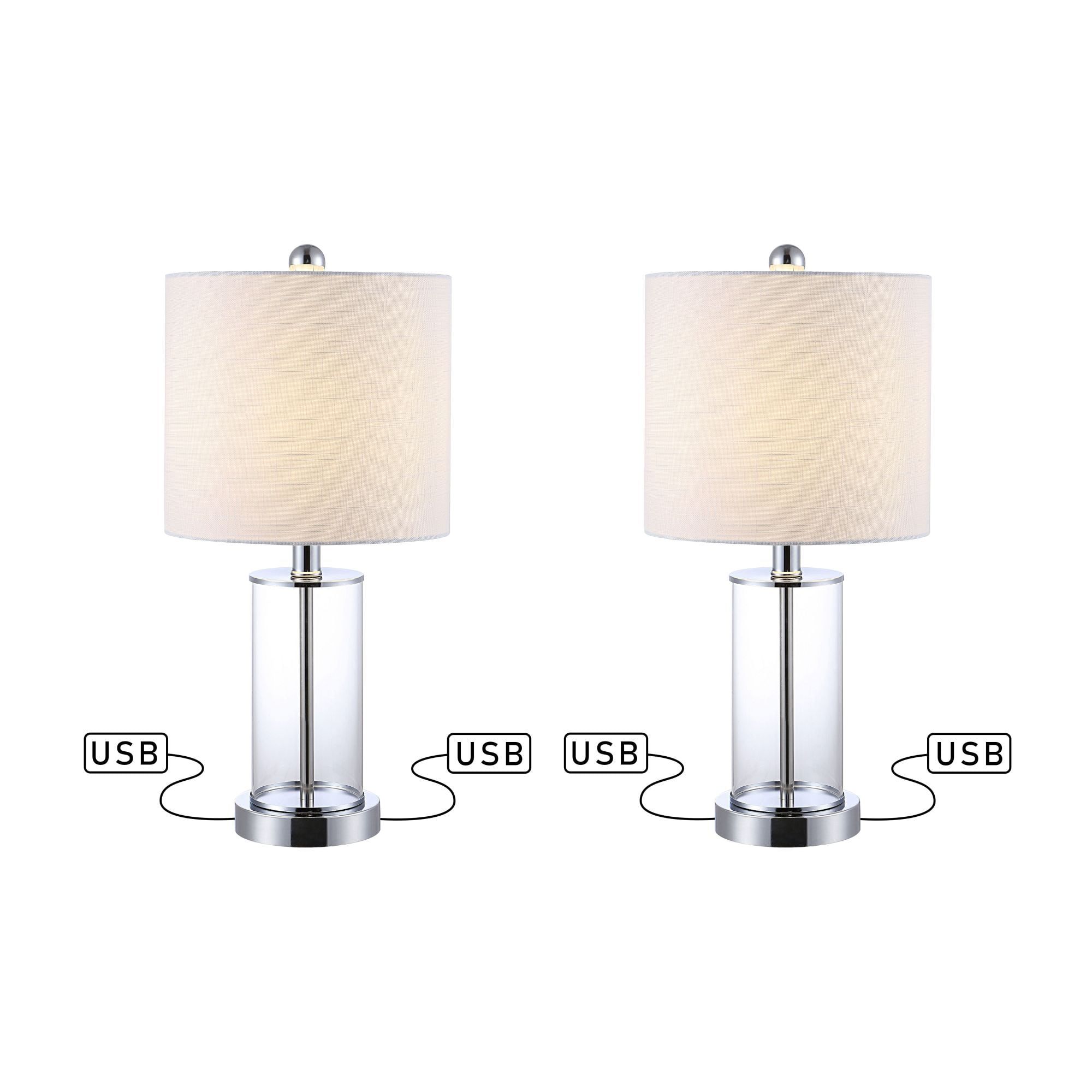 Abner 21" Chrome and Clear Glass USB Table Lamp Set