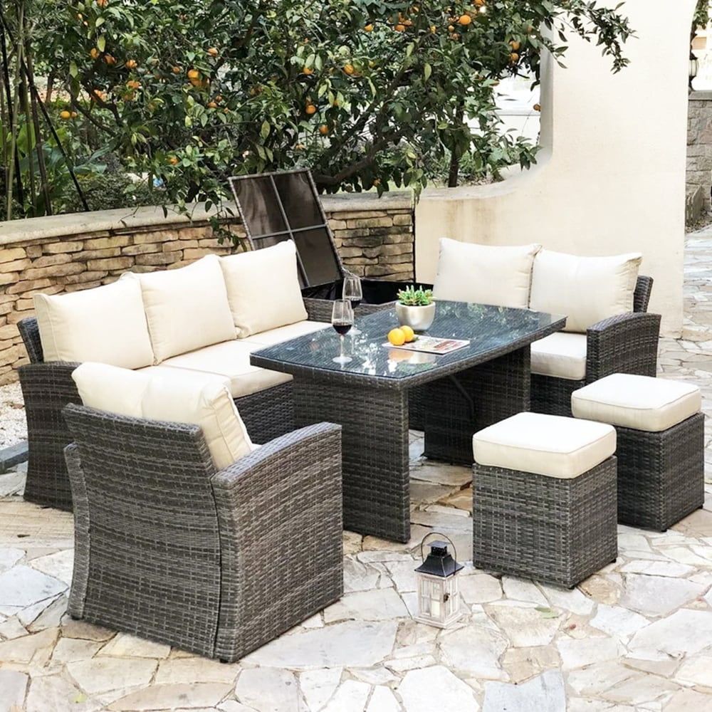 Gray 7-Piece Outdoor Wicker Sectional Sofa Set with Rain Cover