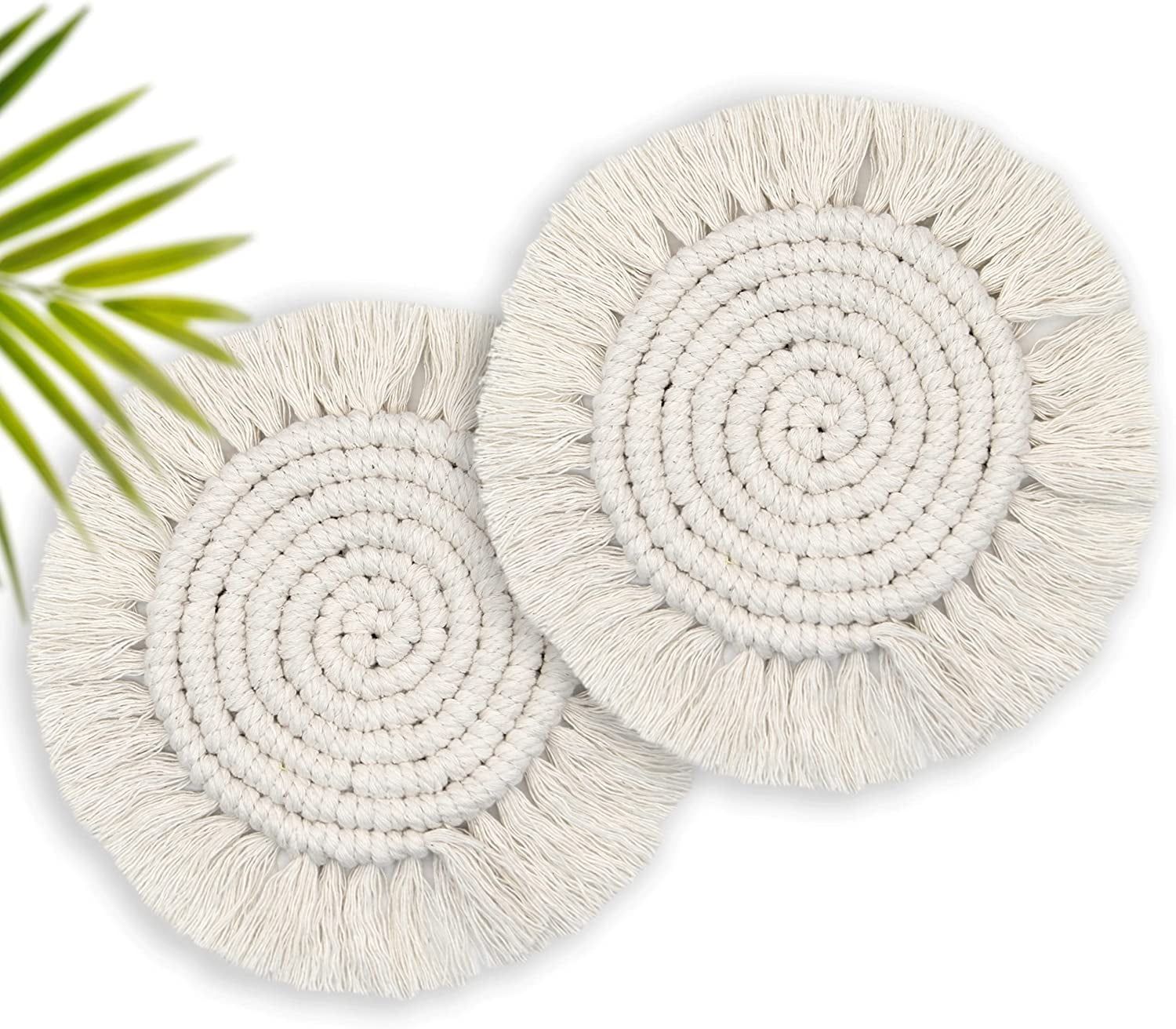 Handmade Beige Cotton Boho Macrame Coasters Set of 2