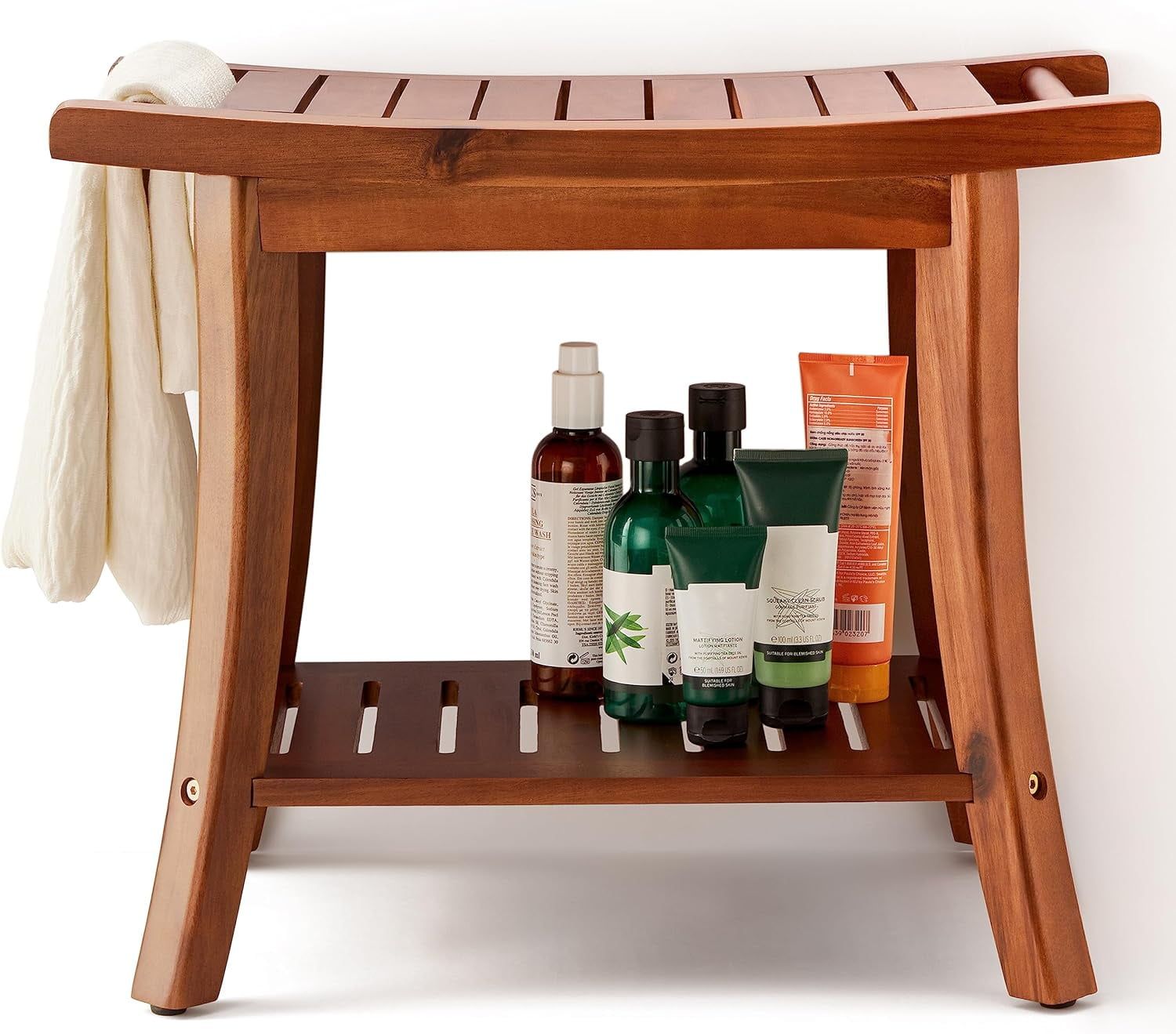 Acacia Wood Waterproof Shower Bench with Storage Shelf