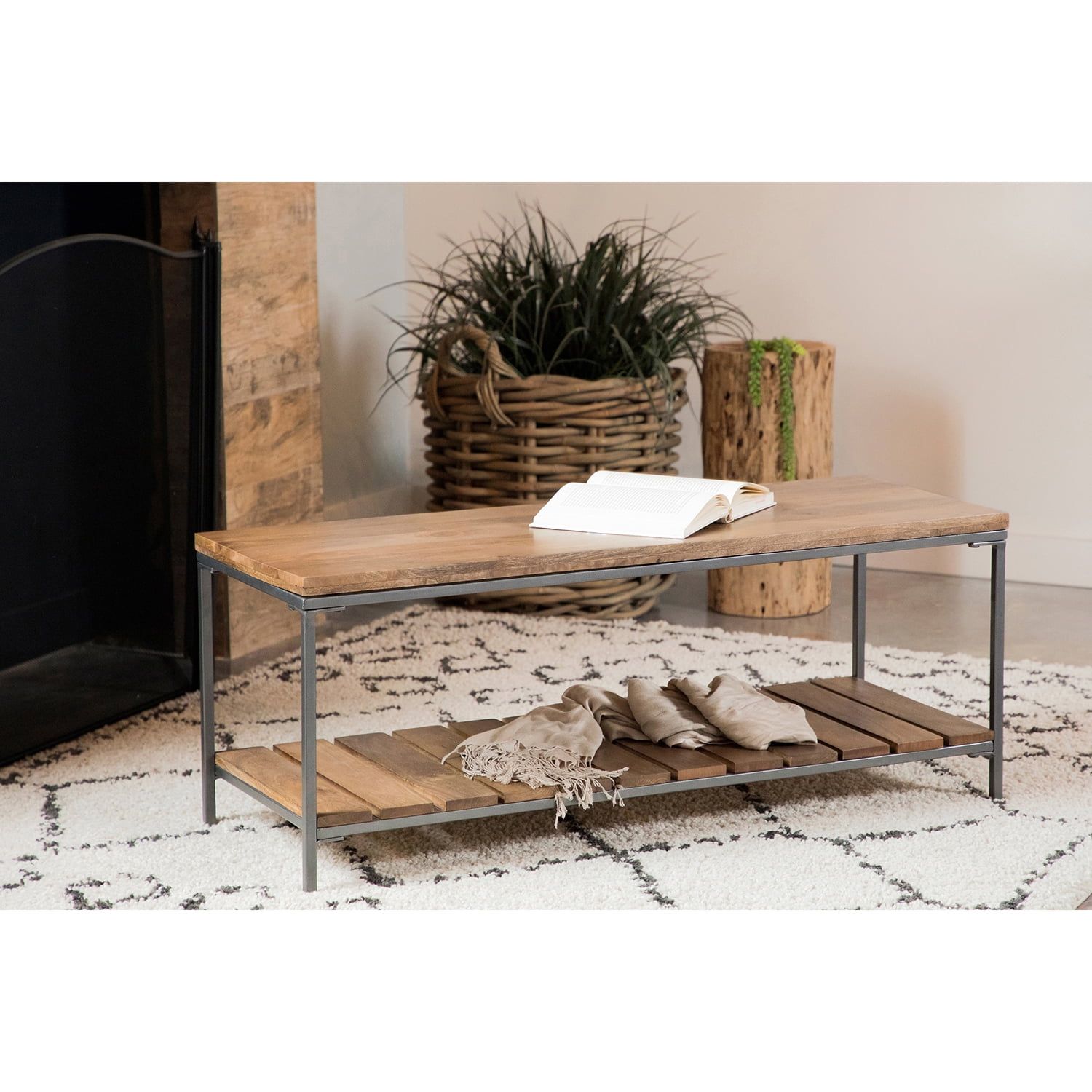 Natural Wood and Gunmetal Industrial Bench with Slat Shelf