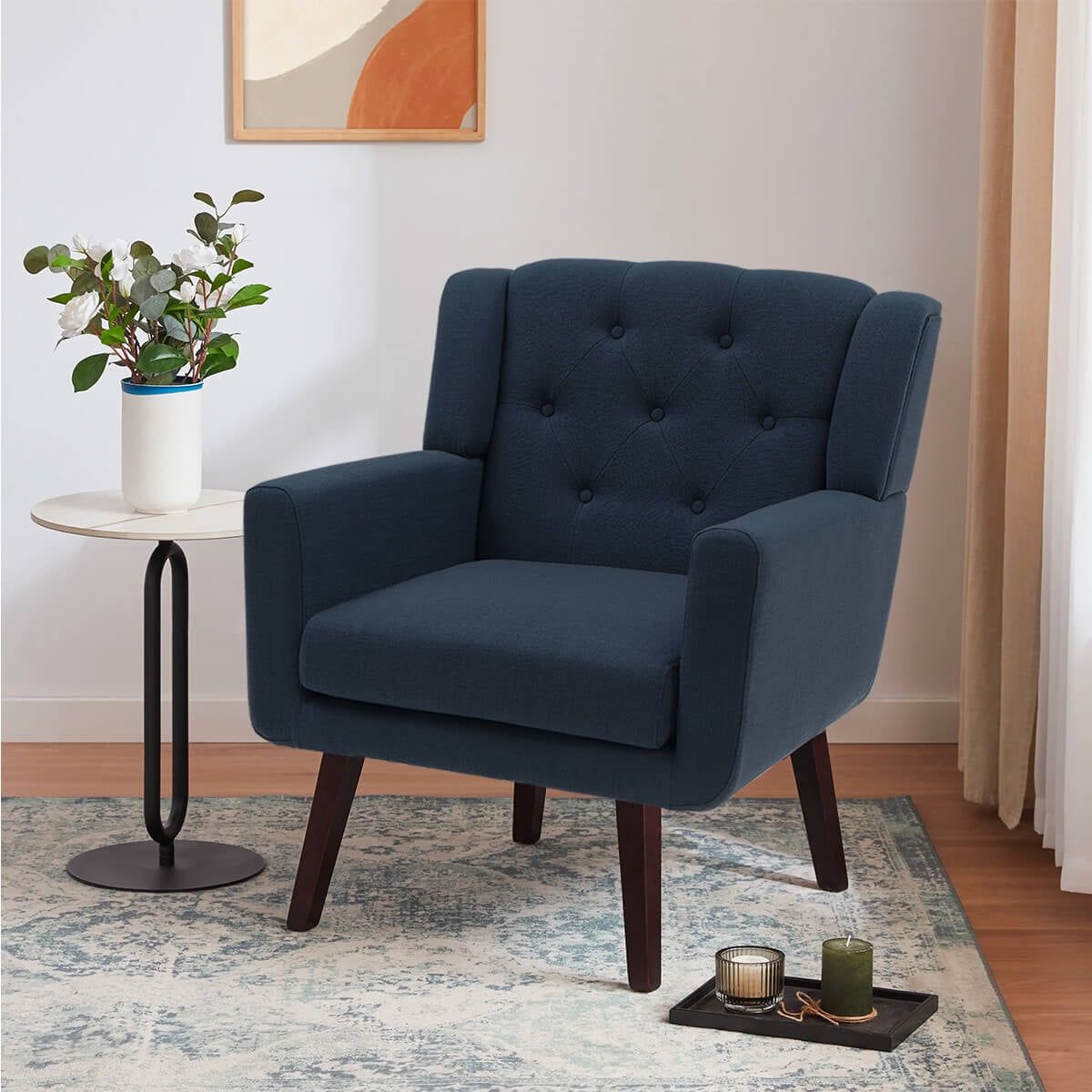 Dark Blue Linen Upholstered Barrel Accent Chair with Wood Legs