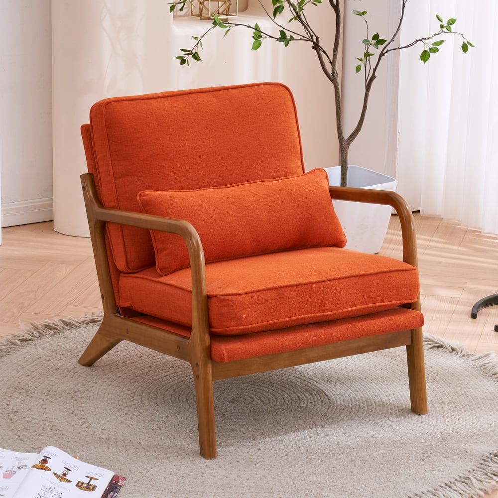 Orange Linen Upholstered Accent Chair with Oak Armrest