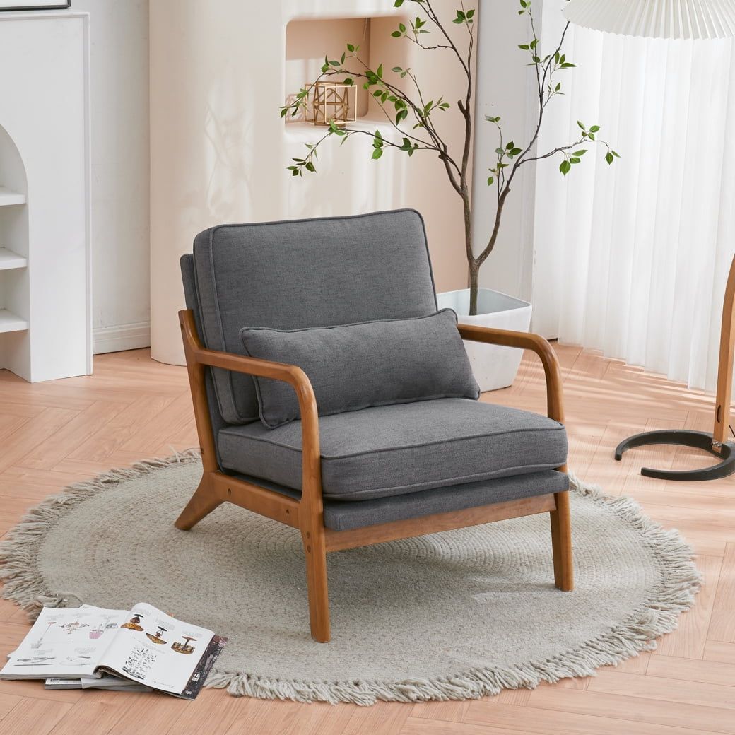 Gray Linen Upholstered Armchair with Wood Frame