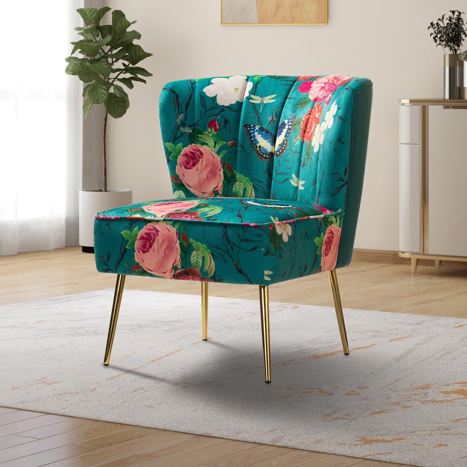 Floral Bliss Blue Velvet Accent Chair with Golden Metal Legs