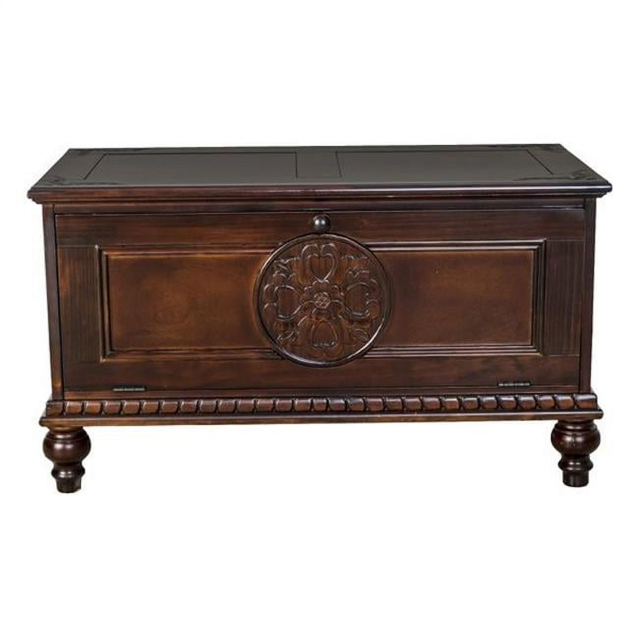 Floral Carved Birchwood Accent Chest with Drop Down Storage, Dark Brown