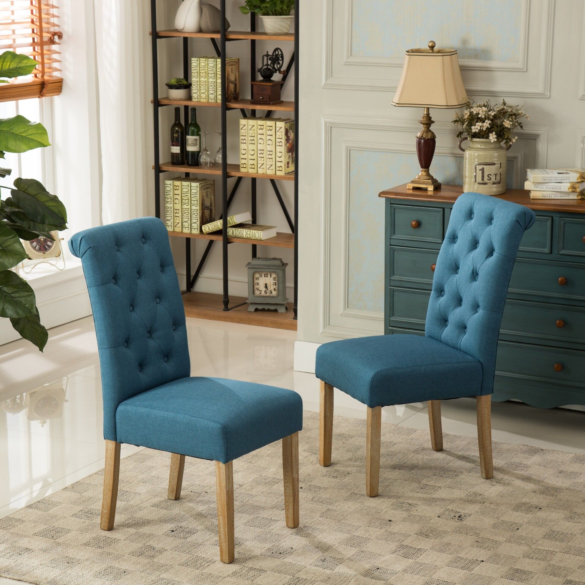 Blue Tufted Upholstered Parsons Side Chair with Wood Legs, Set of 2