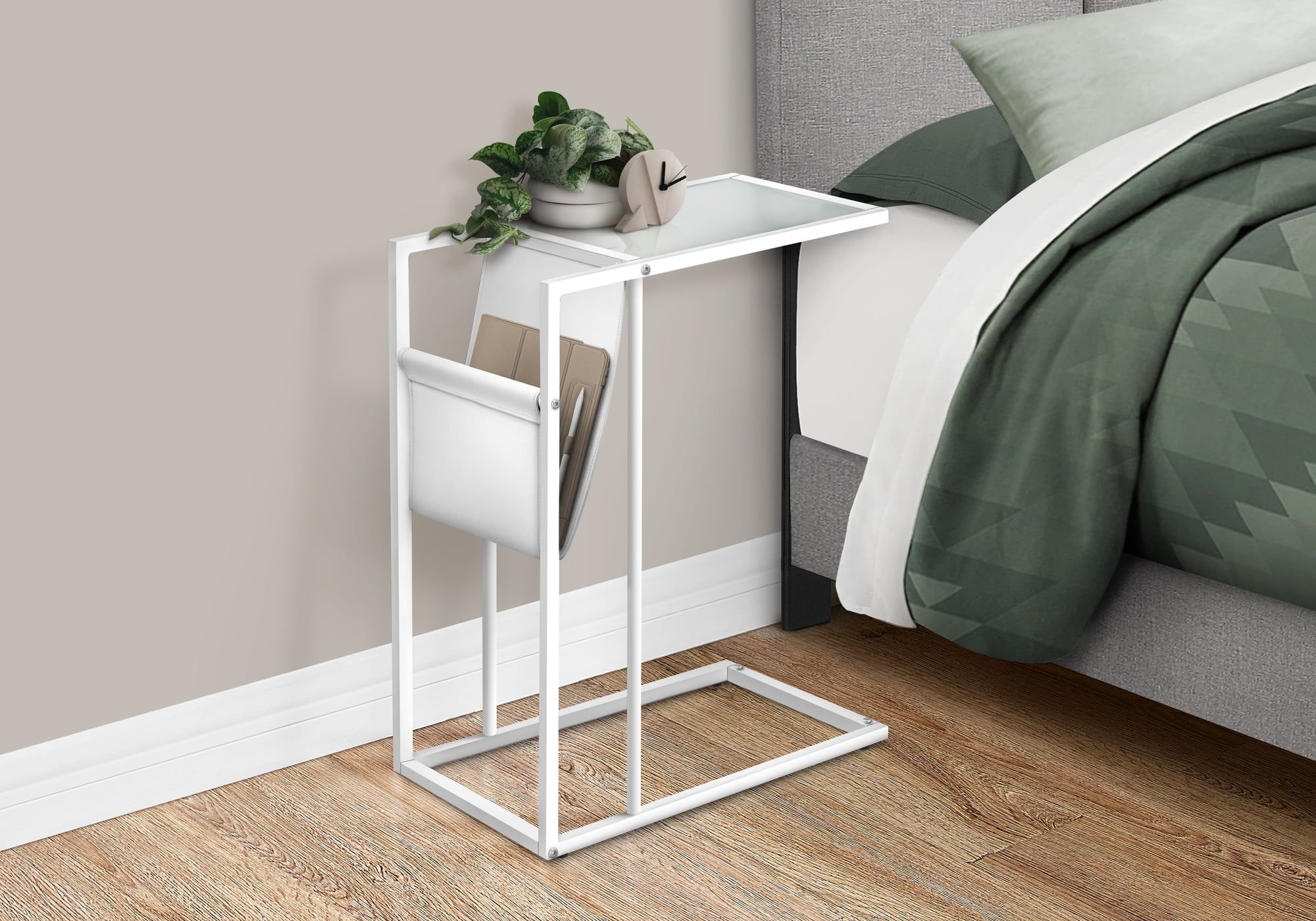 Contemporary White Metal and Glass Magazine Rack Side Table