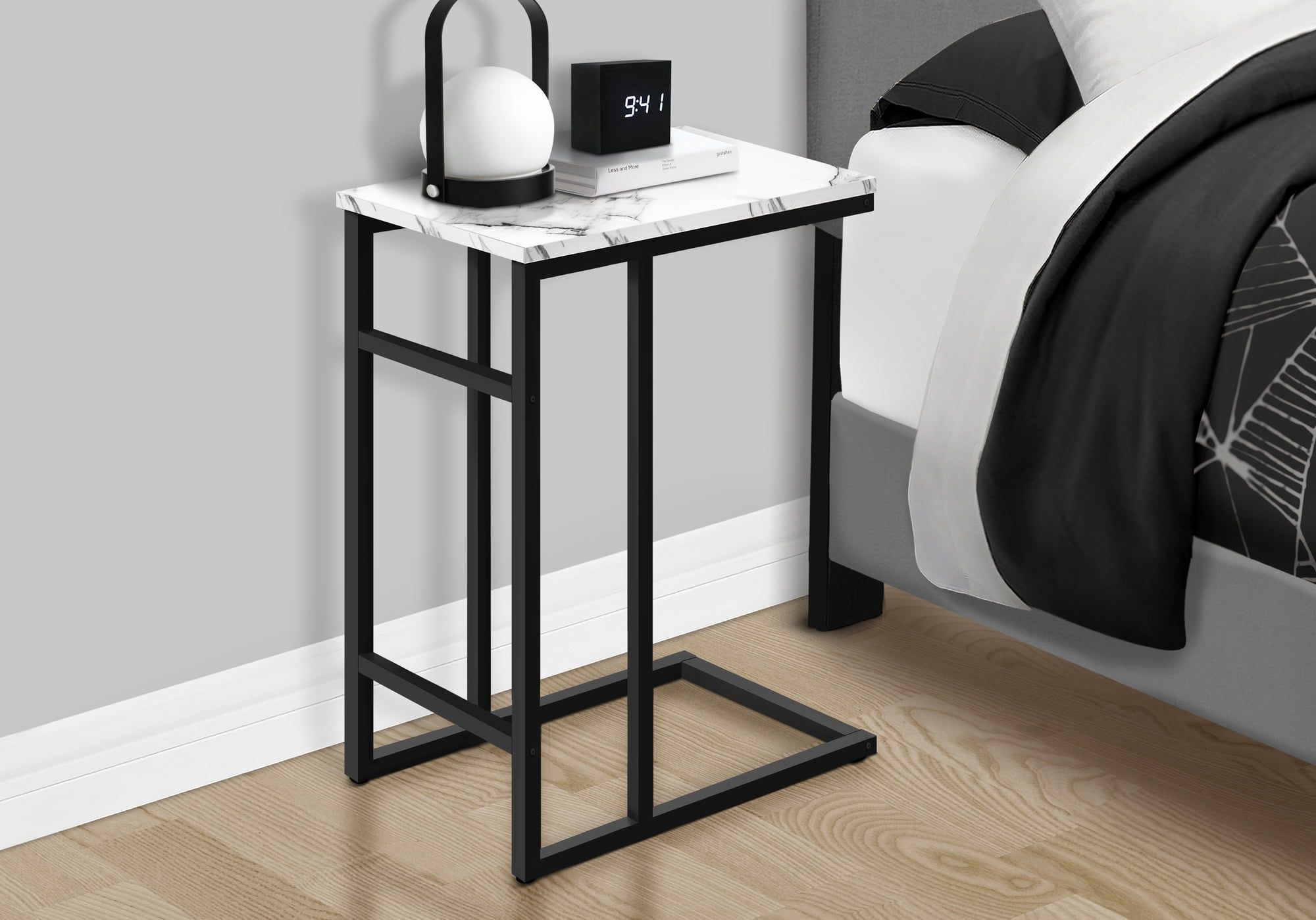 White Marble and Black Metal C-Shaped End Table