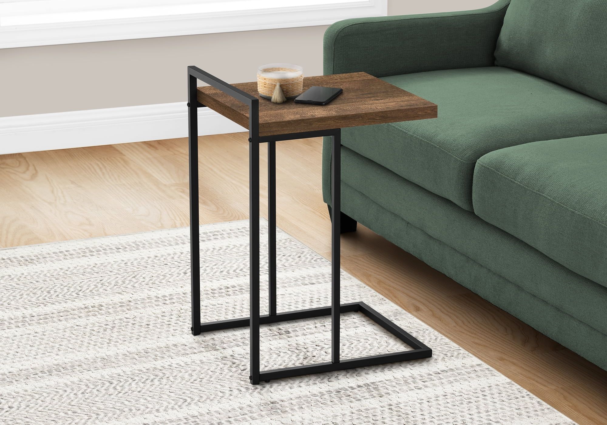 Contemporary 26.5" Black Metal & Brown Wood C-Shaped Accent Table