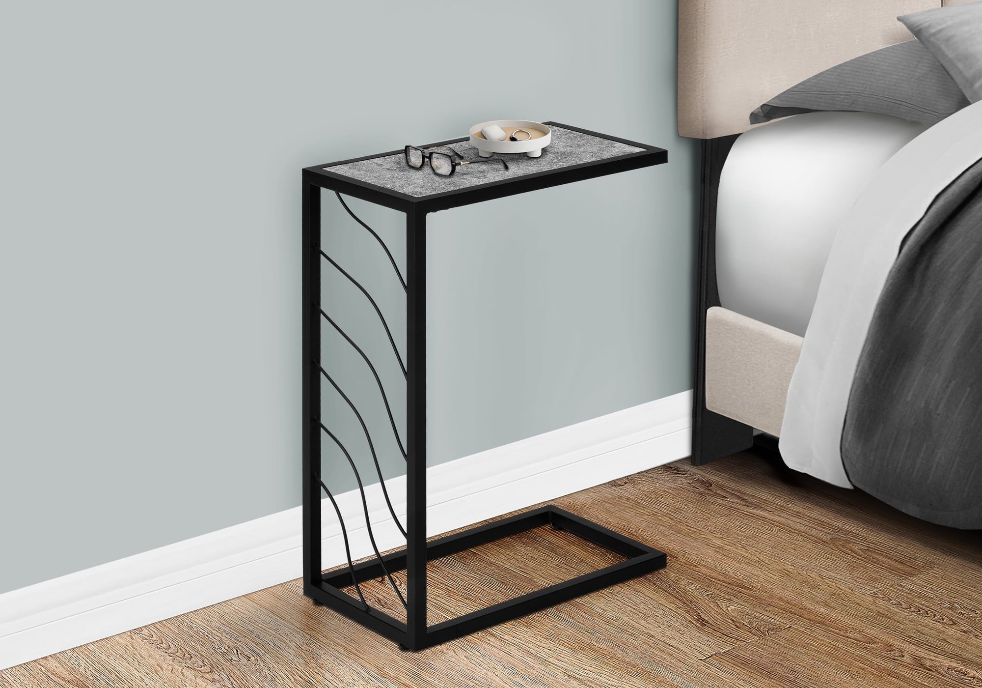 Elegant Contemporary C-Shaped Stone-Look Accent Table in Grey & Black