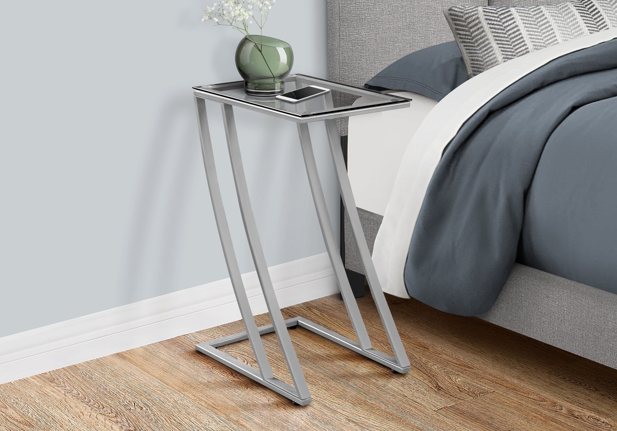 Silver Metal and Glass Z-Shaped Side Table