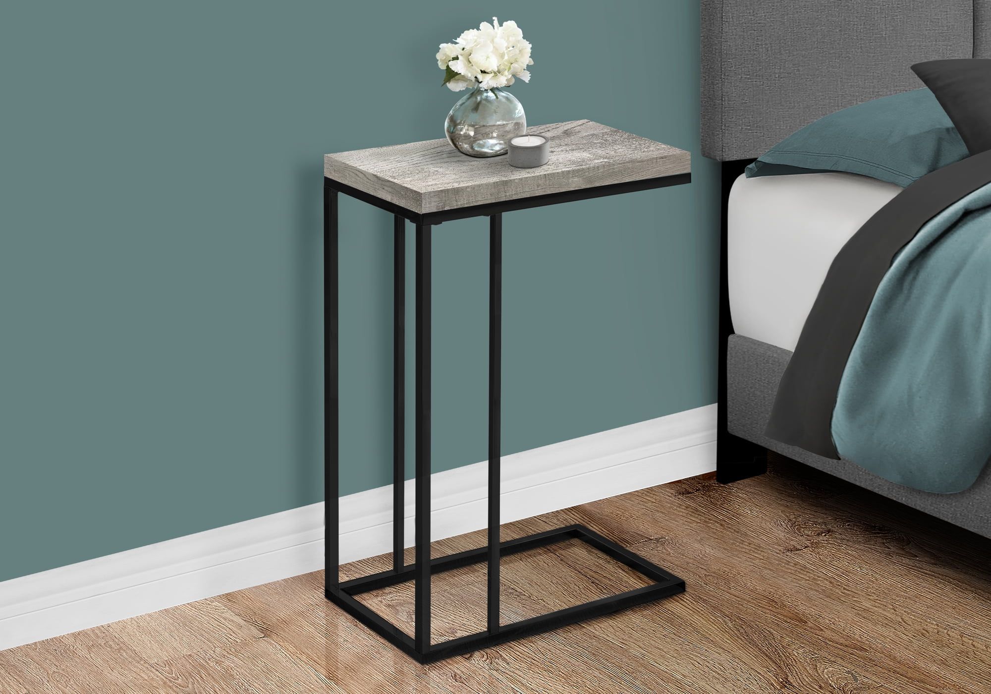 Gray Reclaimed Wood and Black Metal C-Shaped End Table