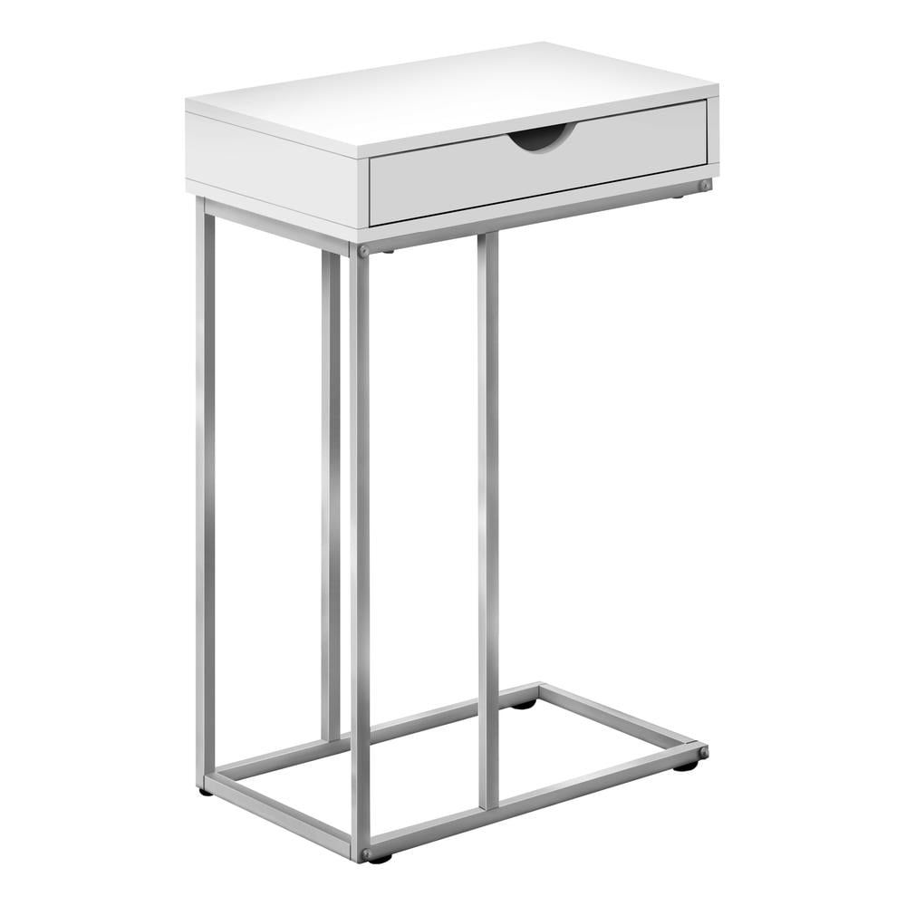 Transitional White and Silver C-Shaped Sofa Side Table with Storage Drawer