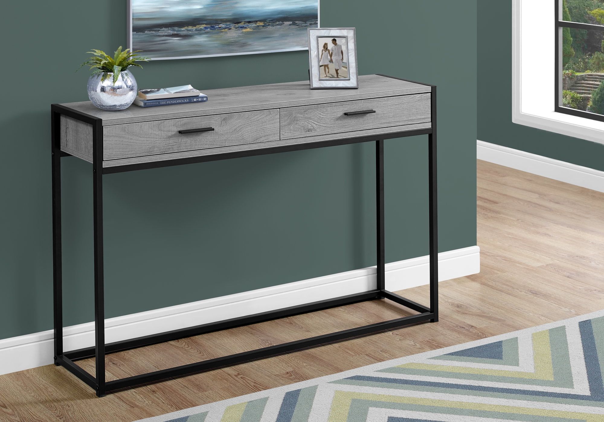 Modern Industrial Gray and Black Metal Rectangular Console Table with Storage