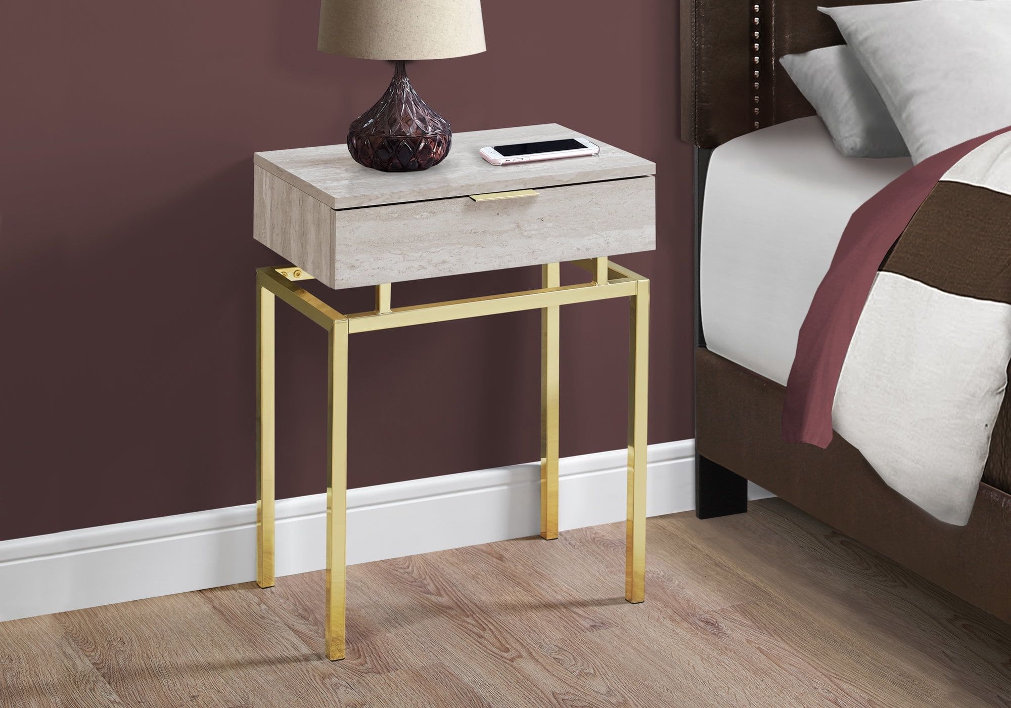 Contemporary Beige Marble and Gold Metal Rectangular Accent Table with Storage