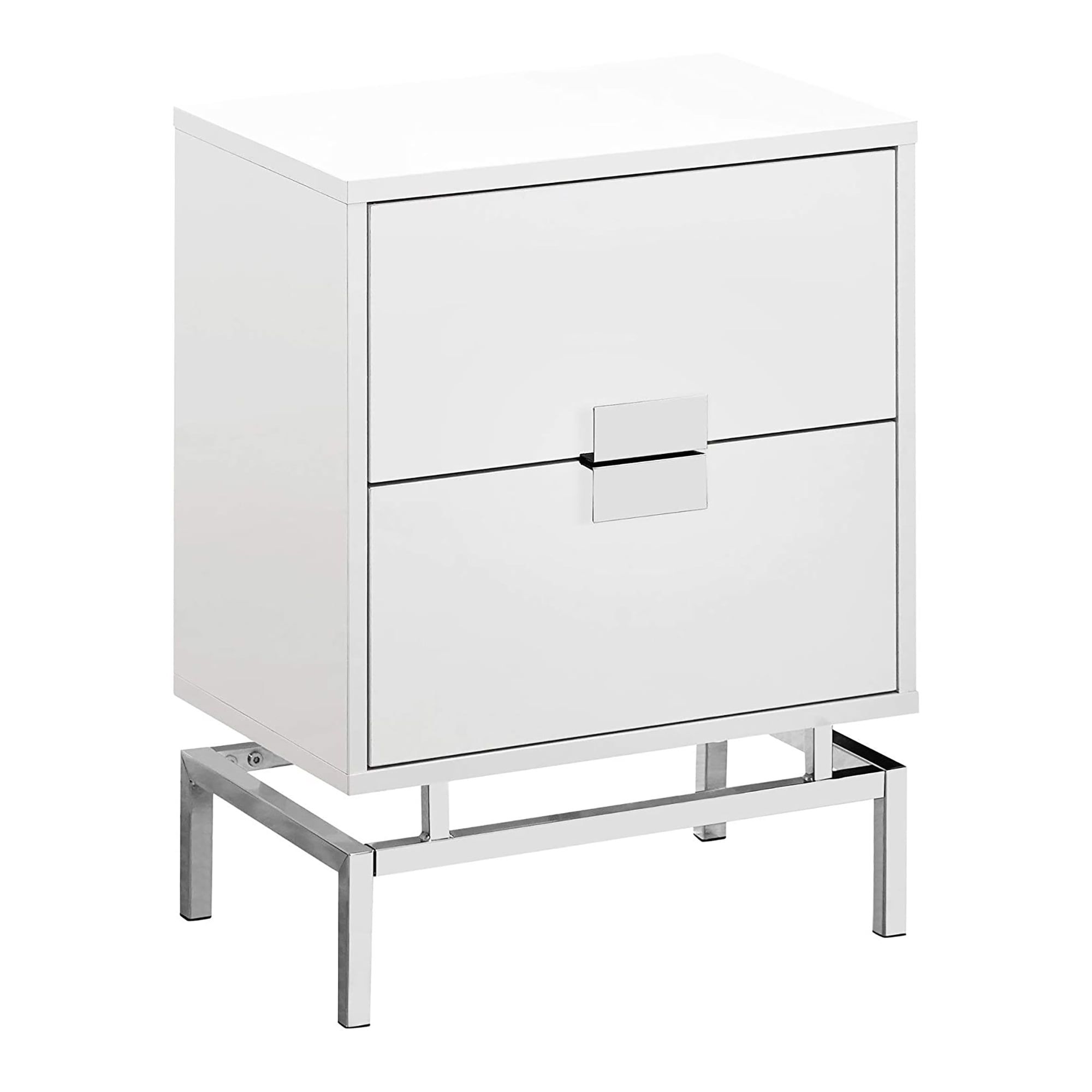 Glossy White Rectangular Accent Table with Chrome Metal Legs and Storage