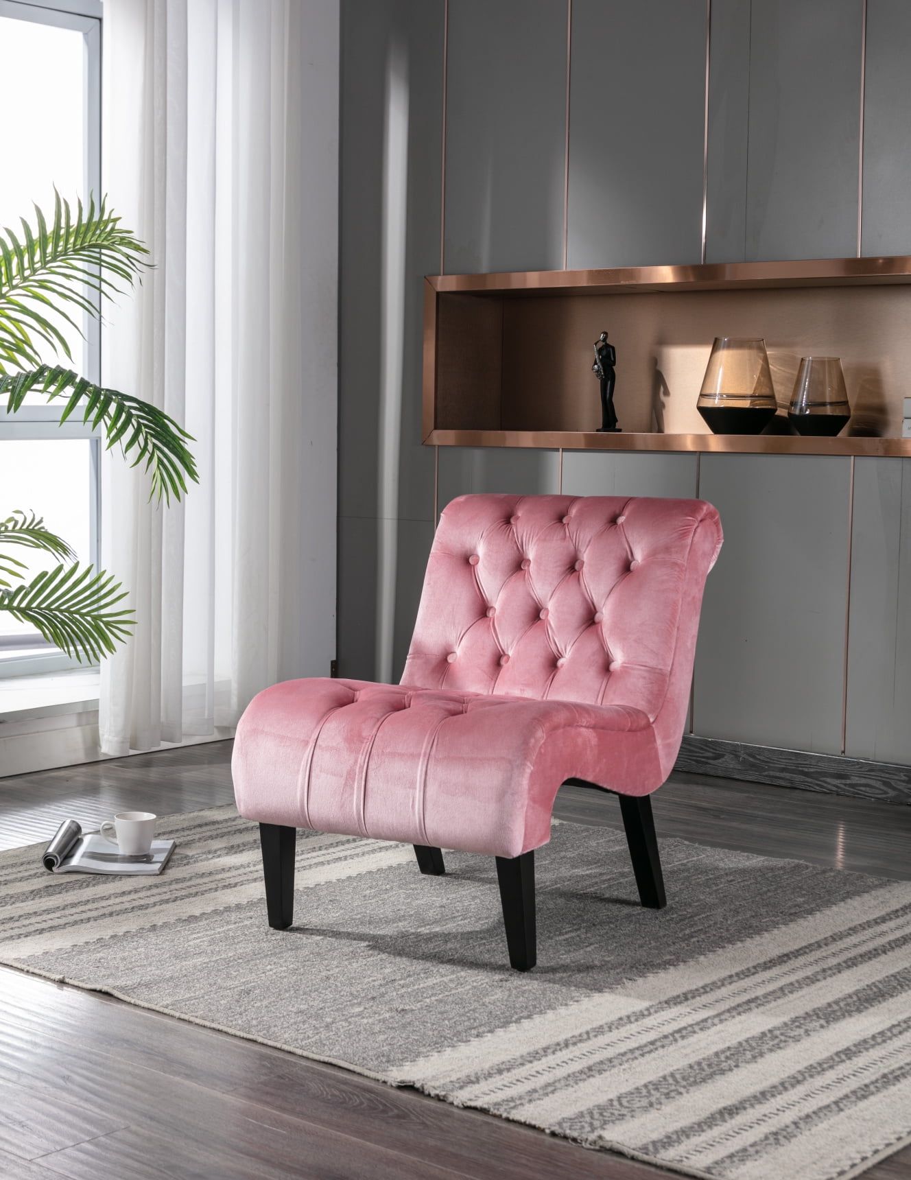 Pink Velvet Tufted Armless Chaise Lounge with Wood Legs