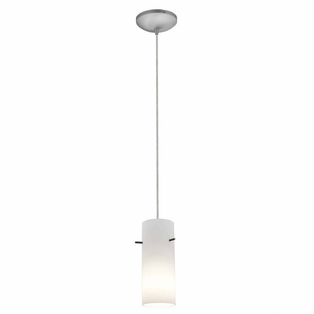 Cylindrical Brushed Steel Pendant Light with Opal Glass