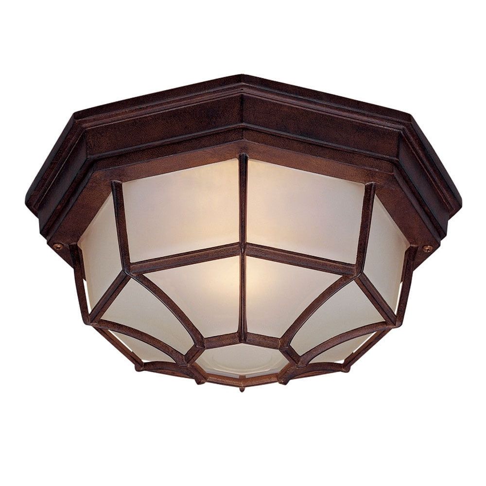 Burled Walnut 11" Outdoor Flushmount Ceiling Fixture with Frosted Glass