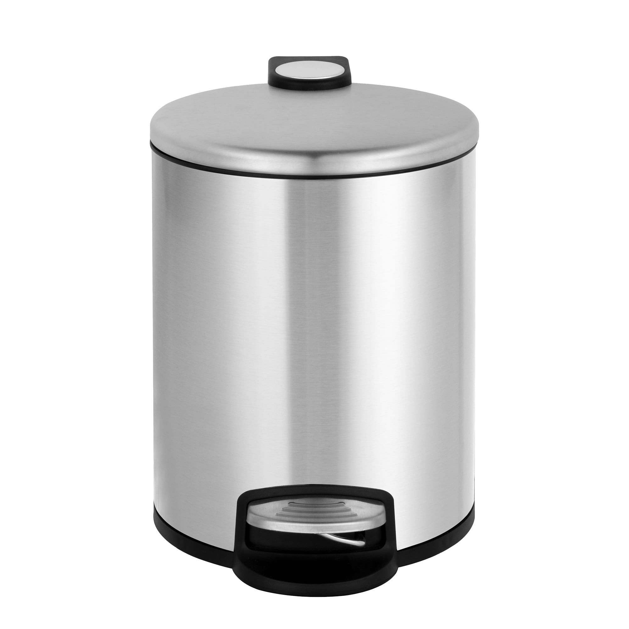 Brushed Stainless Steel Round Bathroom Trash Can with Pedal, 1.3 Gallon