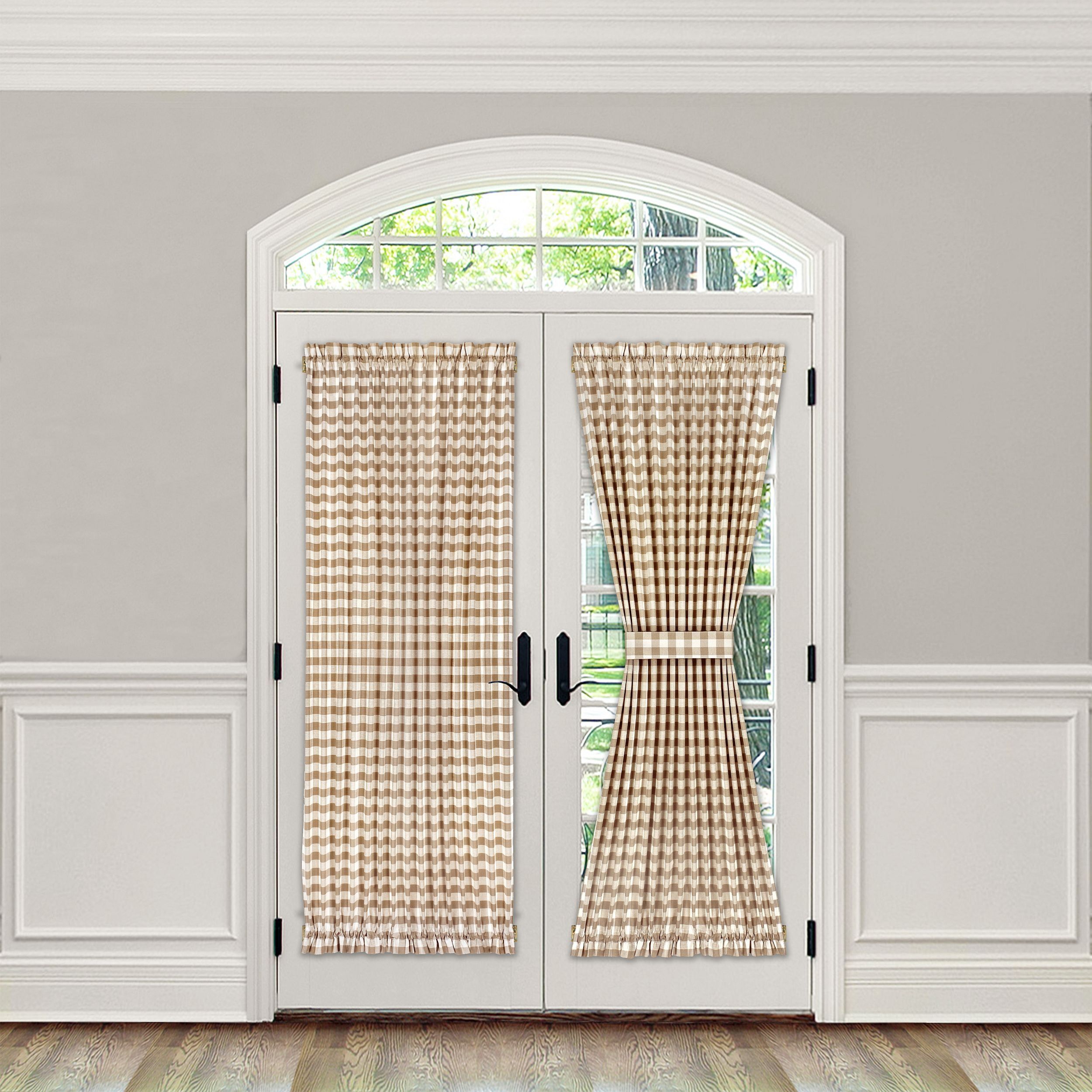 Taupe Plaid Cotton Polyester Light Filtering Rod Pocket Door Panel