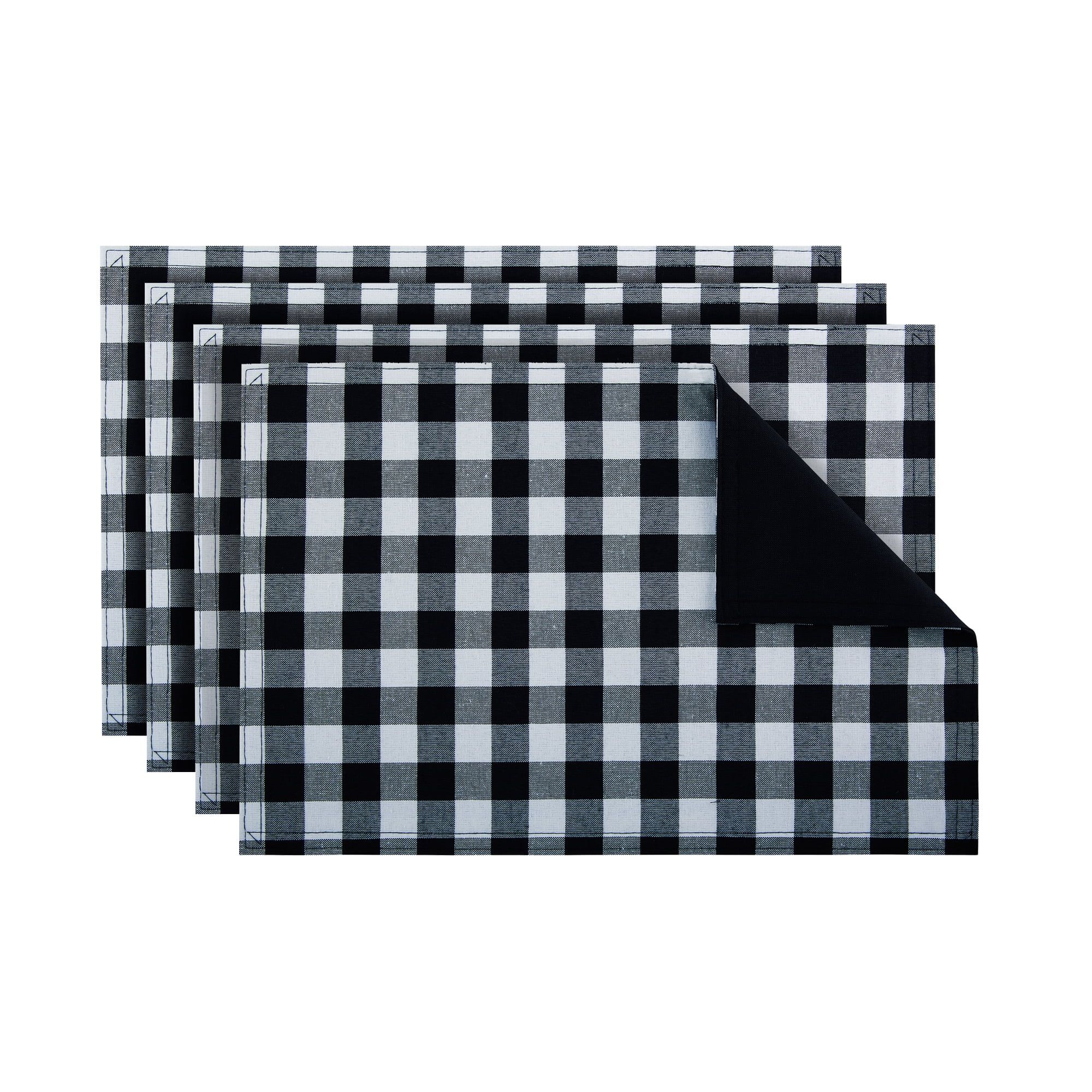 Black and White Buffalo Check Reversible Fabric Placemats, 12" x 18", Set of 4