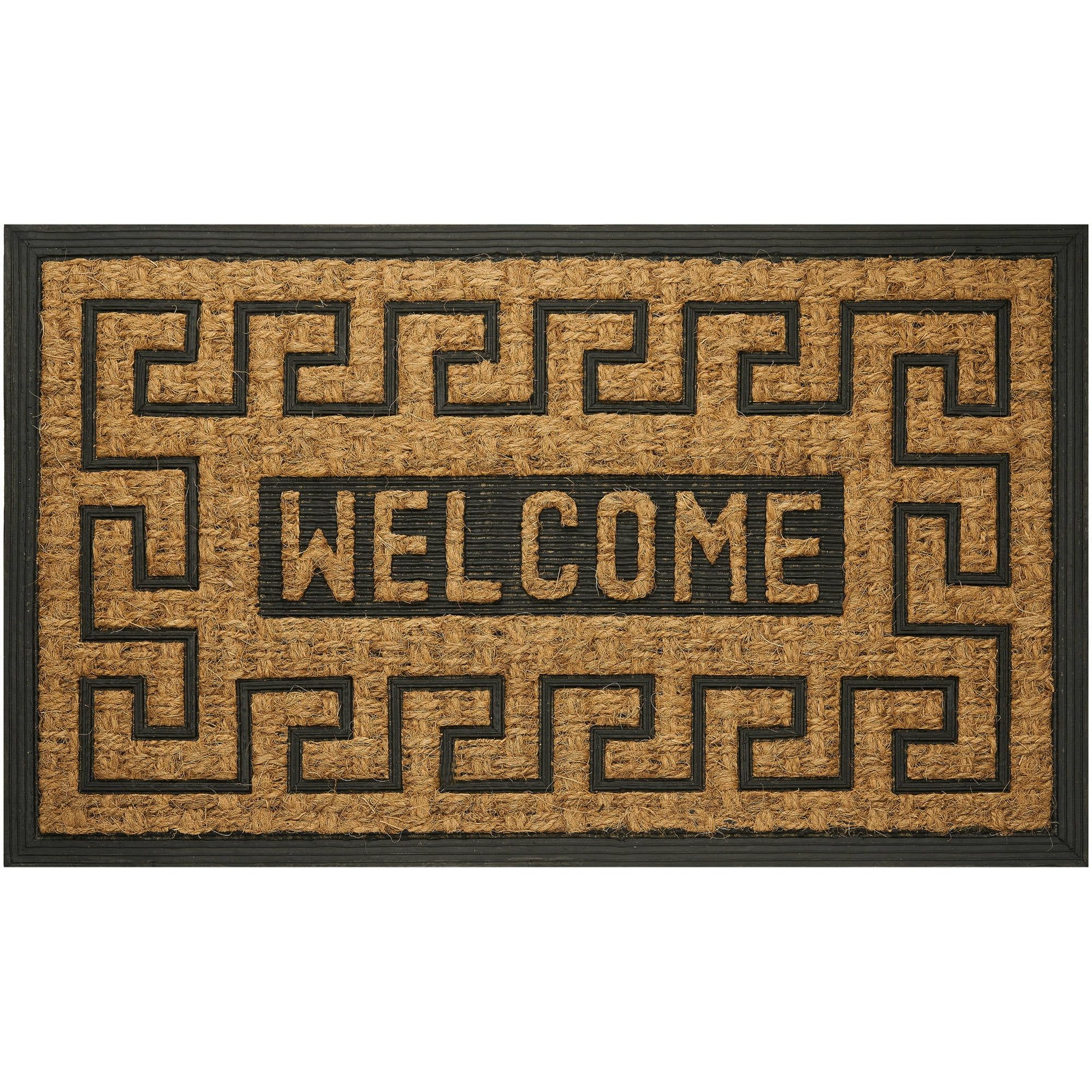 Greek Key Coir Welcome Doormat with Rubber Trim