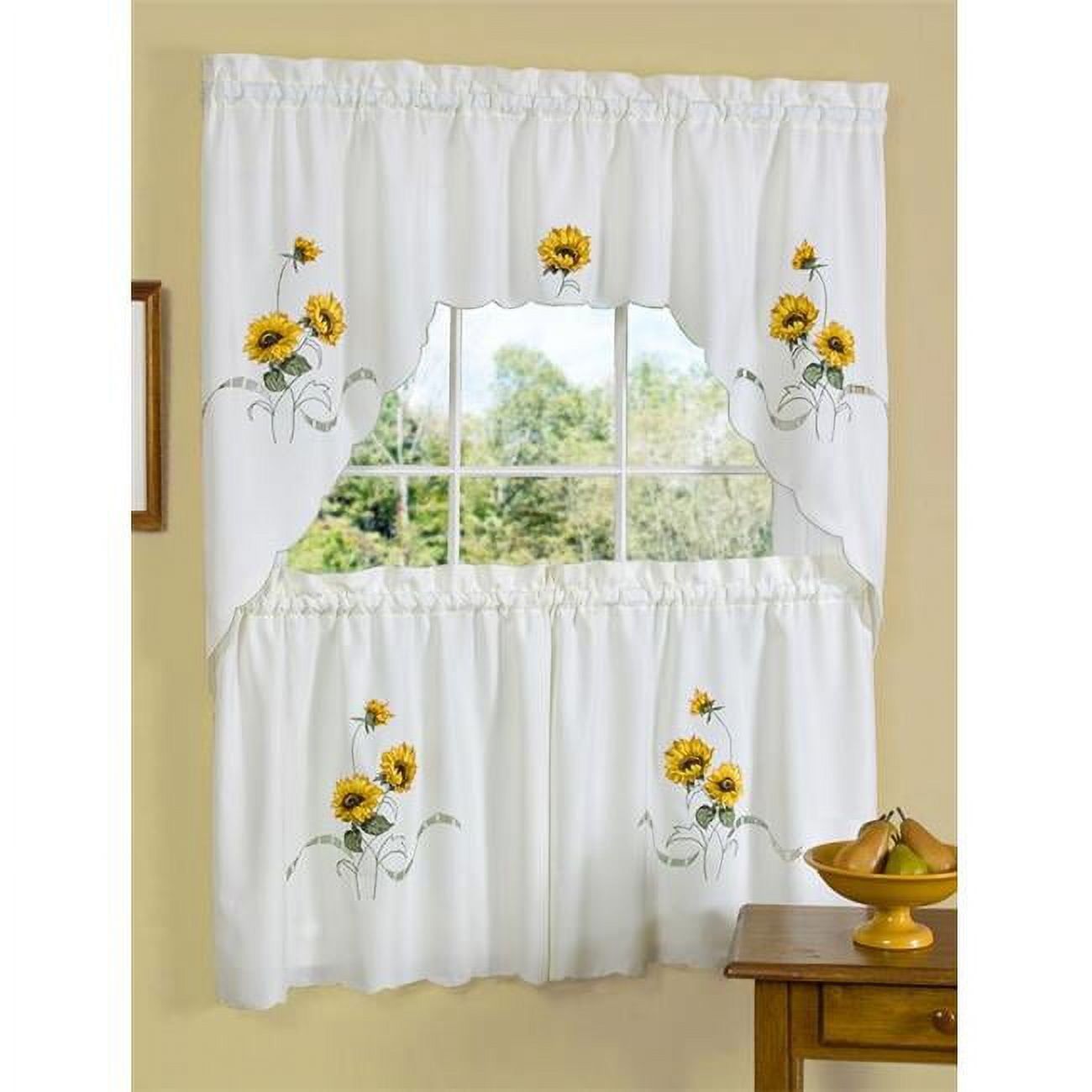 White and Yellow Sunflower Embellished Tier Curtain Set