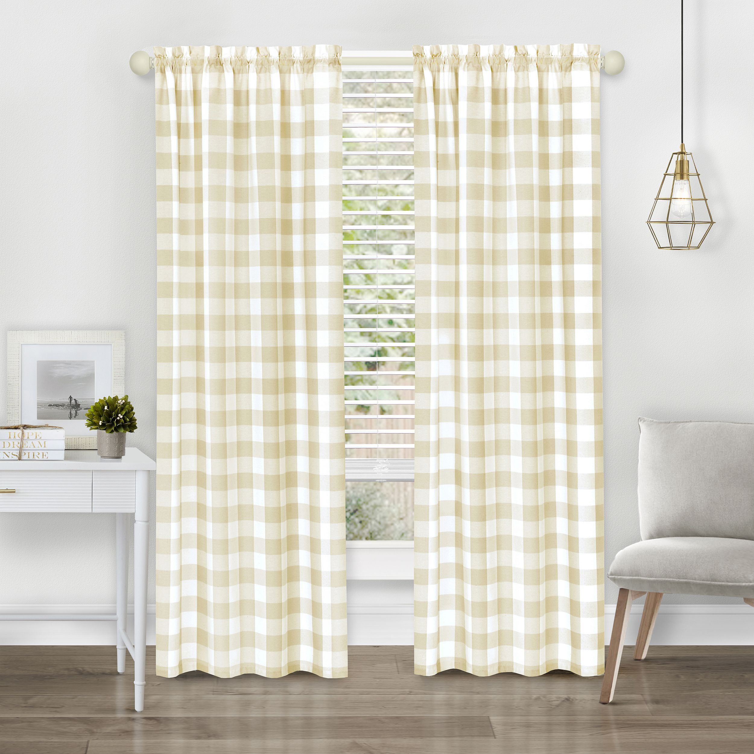 Tan and White Cotton Polyester Light Filtering Rod Pocket Curtain Panel